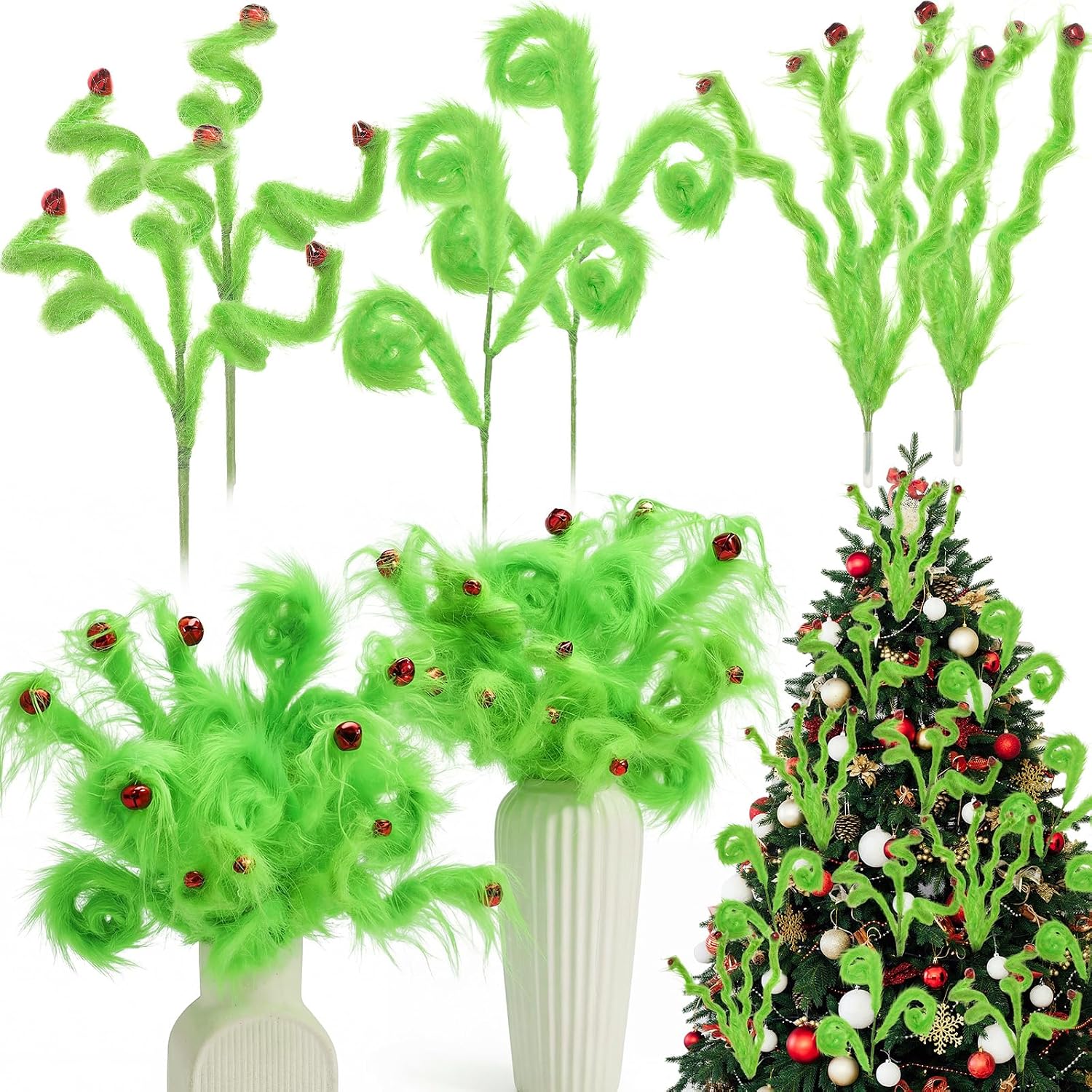 Giegxin 36 Pcs Lime Green Christmas Tree Picks, 15.7'' Furry Green Curly Stems with Red Ball Christmas Tree Topper Pick Decoration Ornaments for Xmas Vase Filler Home Wreath Craft Holiday Party Decor