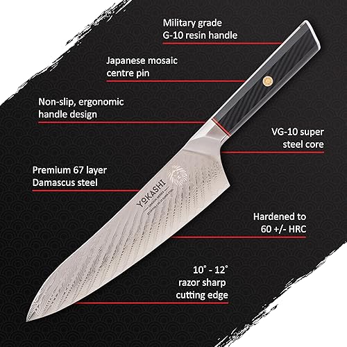 Miniatura 3 de YOKASHI - Cuchillo japonés - Cuchillo de chef de Damasco de 8 pulgadas - Cortar, rebanar y cortar en cubitos precisos para chefs profesionales y