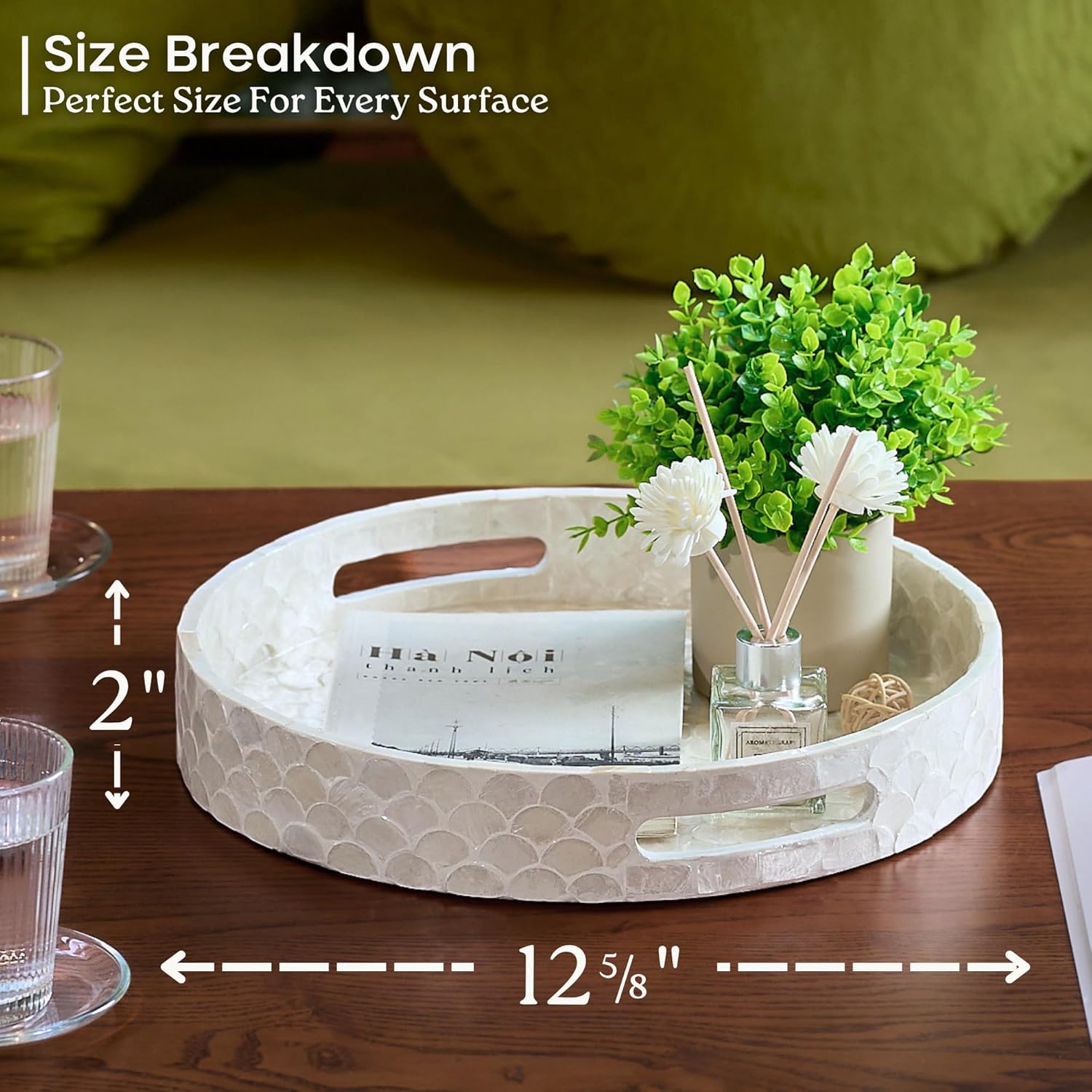 Condition photo showing New/Like New for chi an home 12.6 inch capiz round decorative tray, decorative serving tray with handles for coffee table, kitchen counter, bathroom vanity or dining table centerpiece tray, modern farmhouse decor