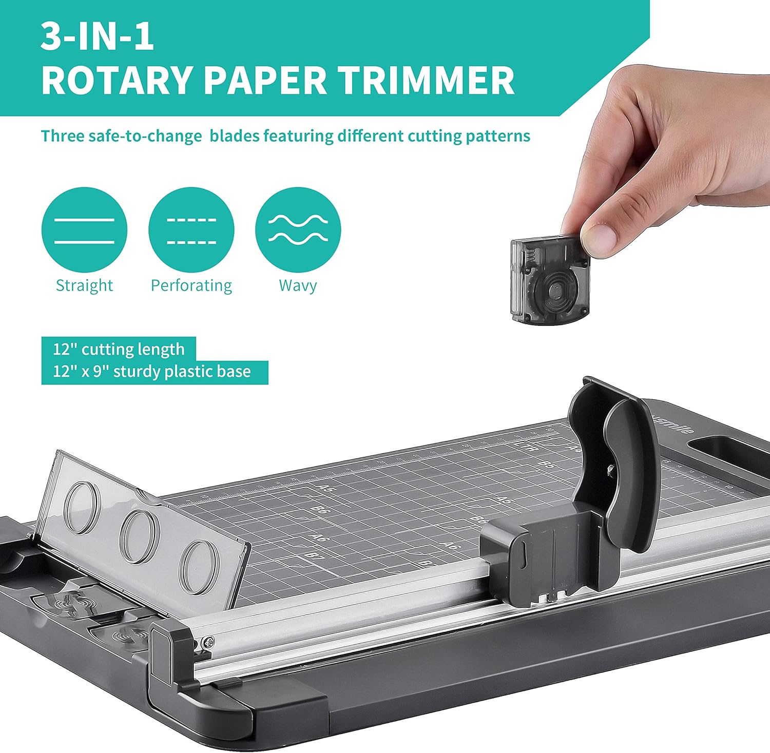 Rotary Paper Trimmer, 3-in-1 Paper Cutter, 12 Inch Cutting Length, with Straight Cut/Perforating Cut/Wavy Cut, Enclosed Blades for Safe Use, Ideal for Paper Craft Projects : Office Products
