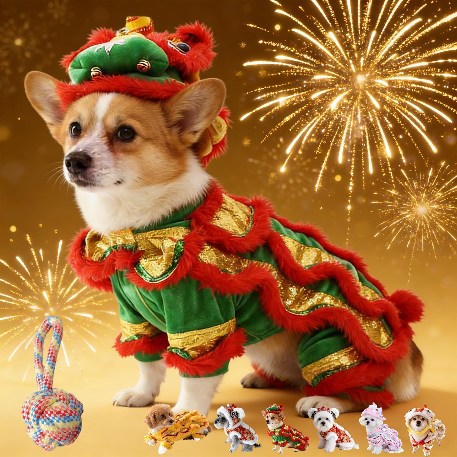 Chinese Lion Dance Dog Costume with Sequins, New Year Dog Lion Dance Coat, Spring Festival Pet Outfit with Dragon Embroidery, Winter Holiday Pet Cloth for Teddy, Schnauzer, Bichon Frise (M,4#)