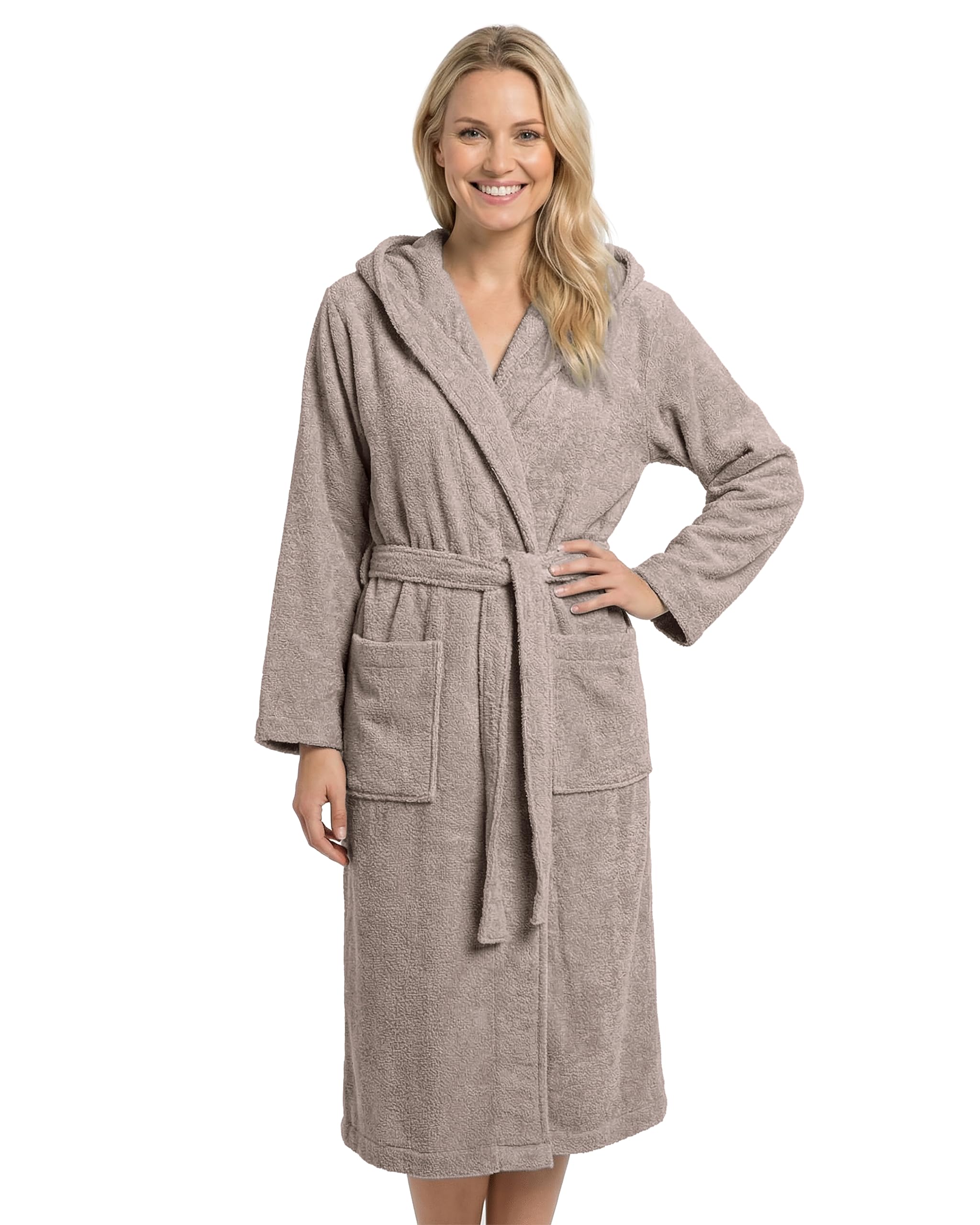 LAYNENBURG Bademantel Damen Frottee aus 100% Baumwolle – OEKO TEX Standard – weicher Morgenmantel langmit Kapuze, Bindegürtel und aufgesetzten Taschen – ideal für Sauna & Zuhause (S-XXXL)