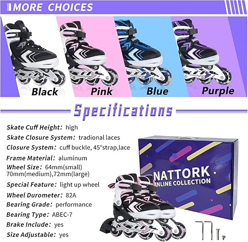Miniatura 7 de Nattork Inline Skates for Girls Boys Kids with Full Light Up Wheels,Safe Durable Inline Skates,Adjustable Outdoor Blades Roller Skates for Girls and