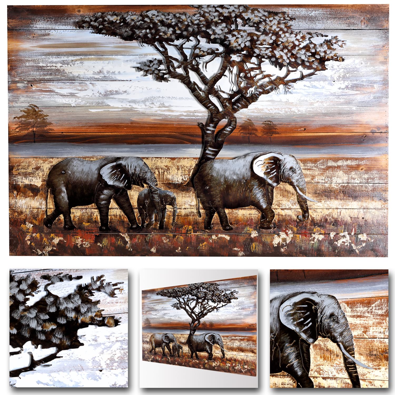 Tableau sculpture bois éléphants - Décoration