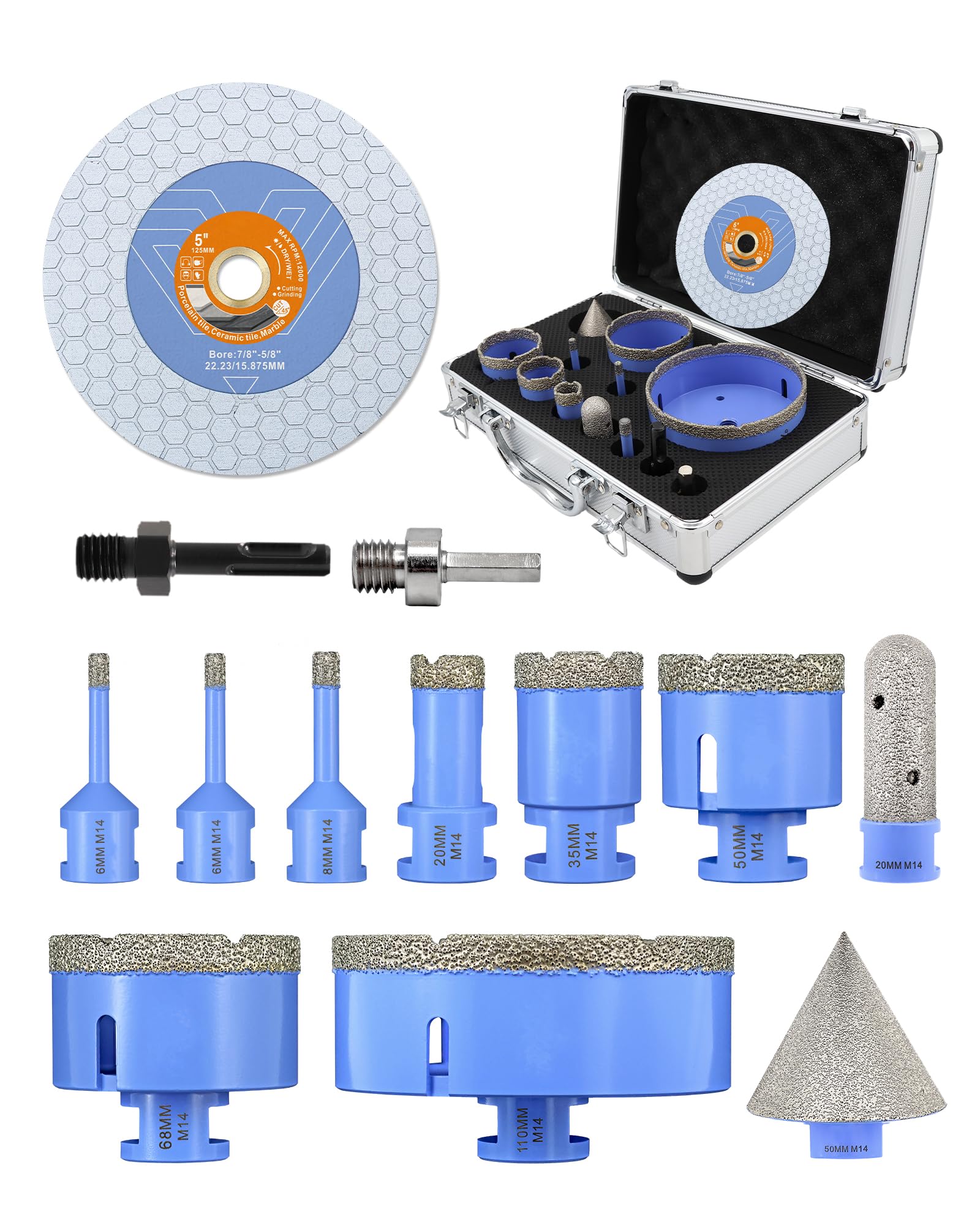 Brocas Diamante Porcelanico 13 Piezas - 6/6/8/20/35/50/68/110mm x M14 Coronas para Azulejos, 20mm Fresa, 50mm Broca Chaflán, Adaptadores, 125mm Disco Diamante para Baldosas Cerámica Mármol
