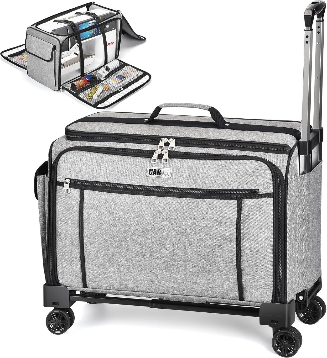 CAB55 XXL 23-Inch Rolling Sewing Machine Case with 4 Wheels, Extra Large Carrying Case for Professional Embroidery and Heavy Duty Sewing Machines with Bottom Support Board (Gray)