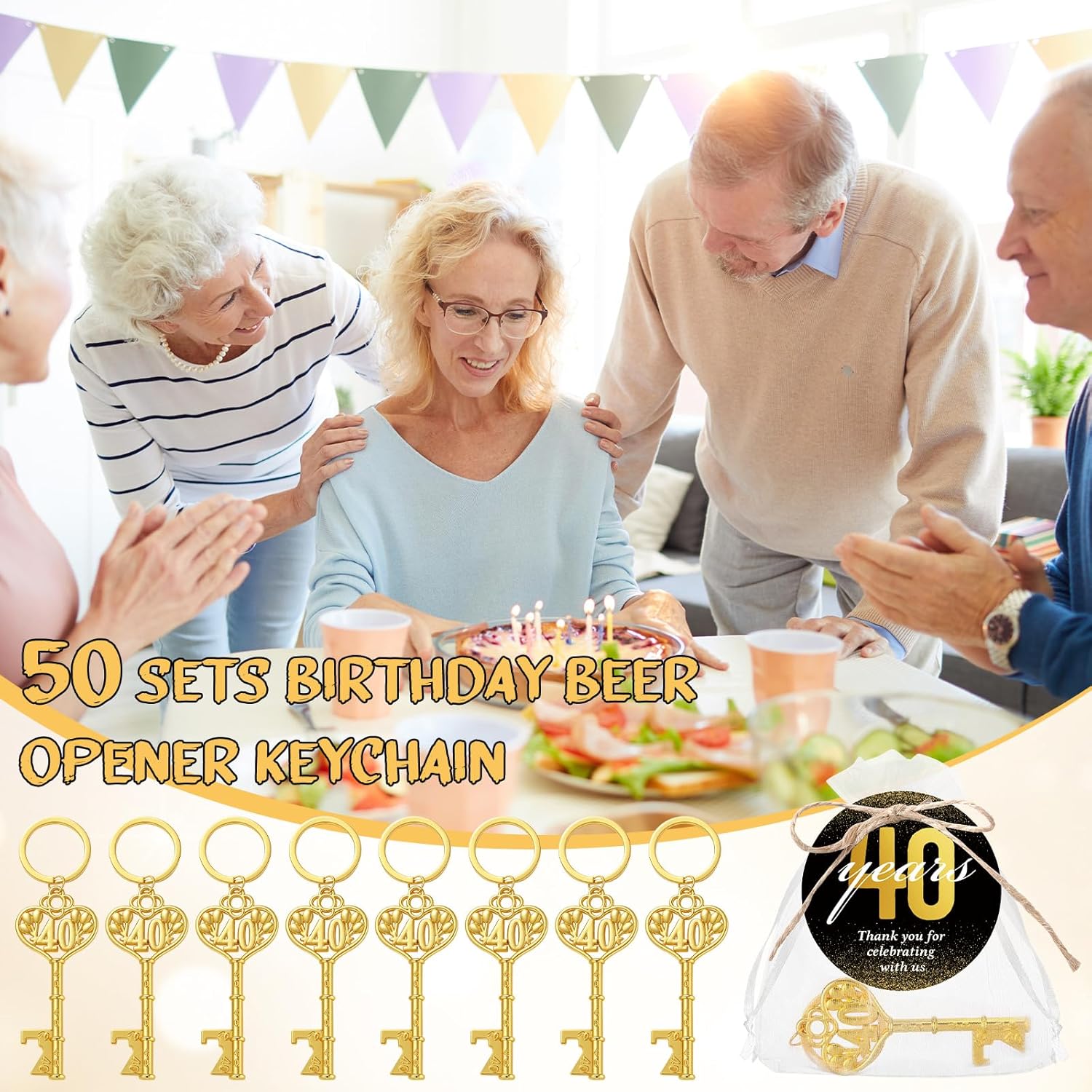 Misdary 50 Sets Birthday Party Favors for Guests Included Bottle Openers Beer Opener Keychains Thank You Tags with Organza Bags and Rope Adult Birthday Party Favor Souvenirs Gift Supplies(40th)