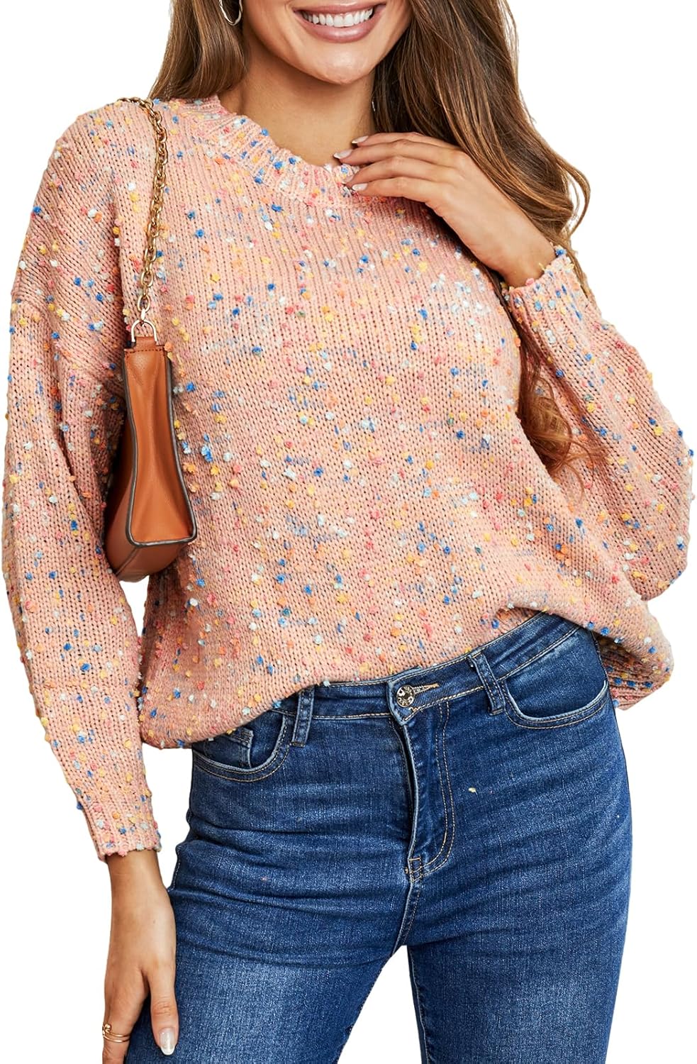 CUPSHE Women Pullover Sweater Rainbow Pom Ribbed Long Sleeves Colorful