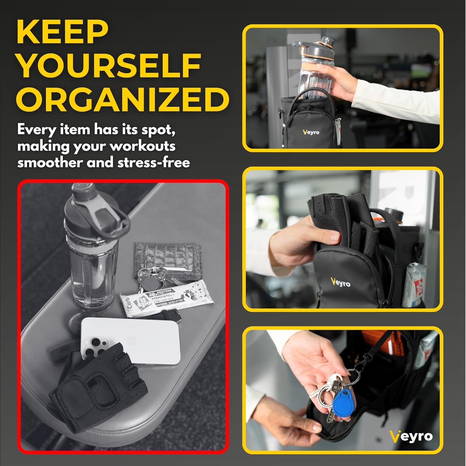 Veyro Magnetic Gym Bag with strong Magnetic Phone Holder - Gym water bottle bag holder for men and women - Compact Gym Crossbody Pouch - Compact Crossbody Pouch (Black) - Image 6