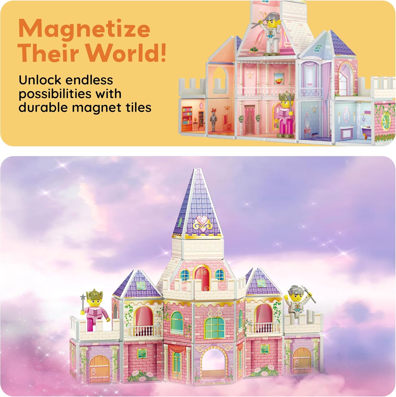 PicassoTiles 60pc Magnetic Tile Princess Castle Building Set with Double Sided Printed Tiles 2 Character Figures STEM Educational Toy Kit for Kids Pretend Play Montessori Learning Ages 3 to 8 PTQ04