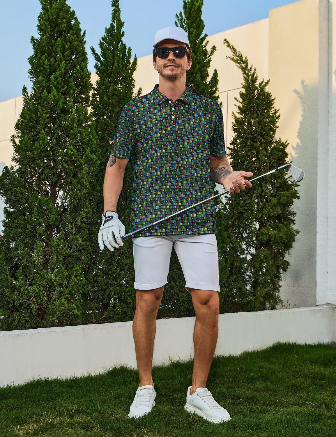 Golf Shirts for Men Printed Quick Dry Short Sleeve Performance Polo Shirts Moisture Wicking Collared Tennis T-Shirt