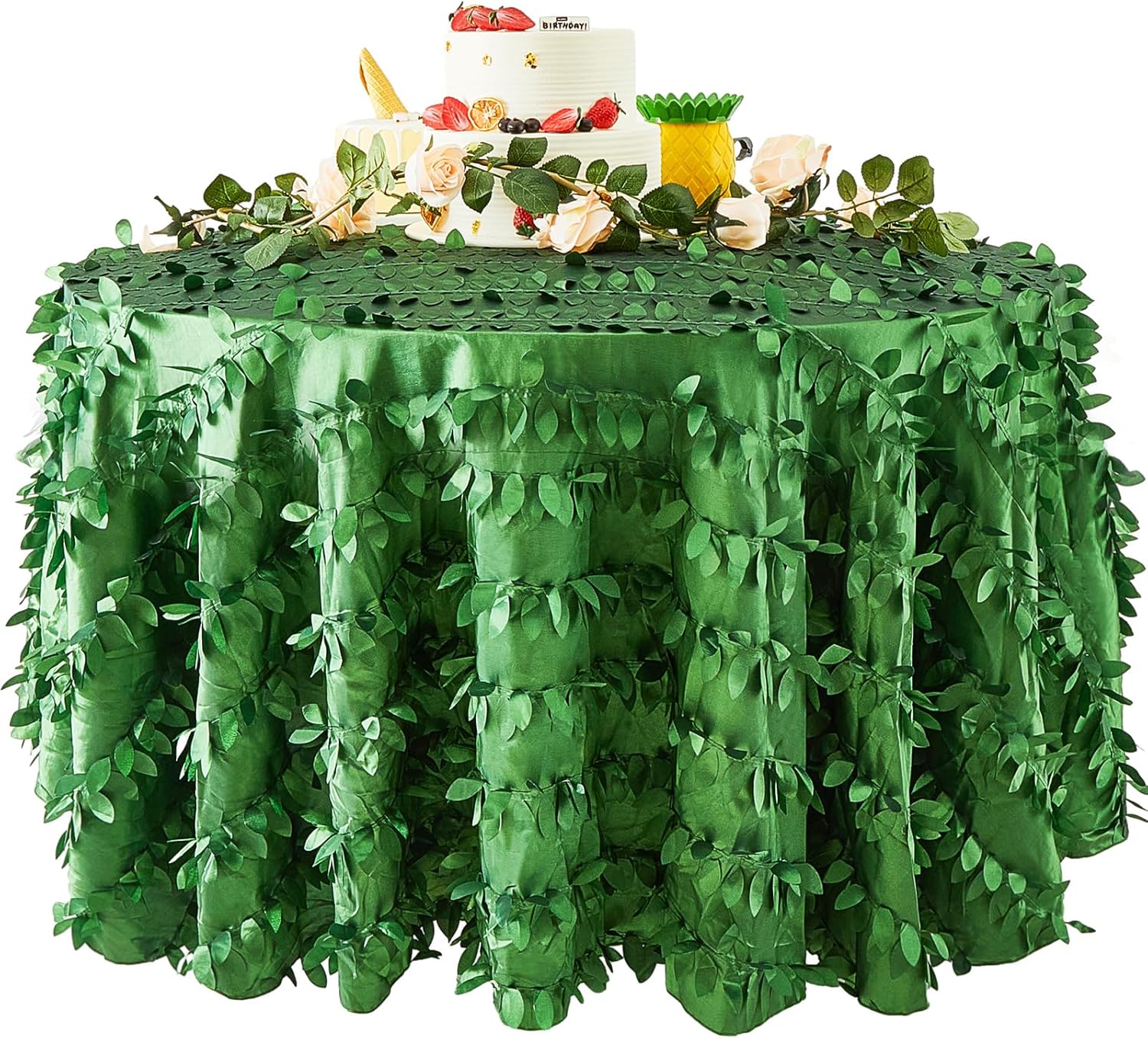 Preboun 120 Inch Green Taffeta Tablecloth Leaf Petal Taffeta Tablecloth 3D Leaf Table Cover Petals Events Table Cover for Forest Party Wedding Event Banquet Outdoor (Round Style)