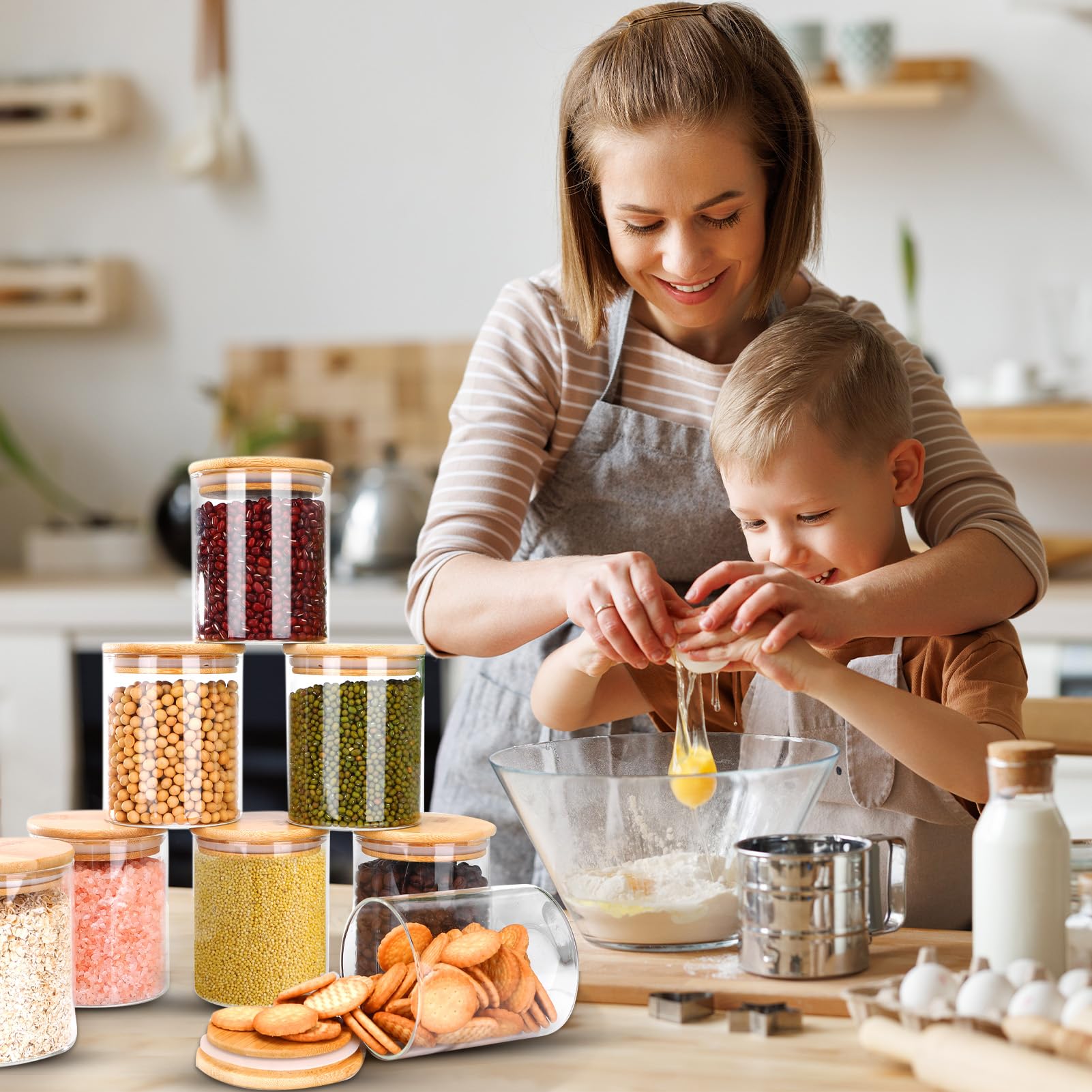 8 Bocal en Verre avec Couvercle, 430ml Bocaux en Verre Hermétique, Pot en Verre avec Couvercle en Bambou, Bocaux Rangement Cuisine pour Épices, Herbes, Thé