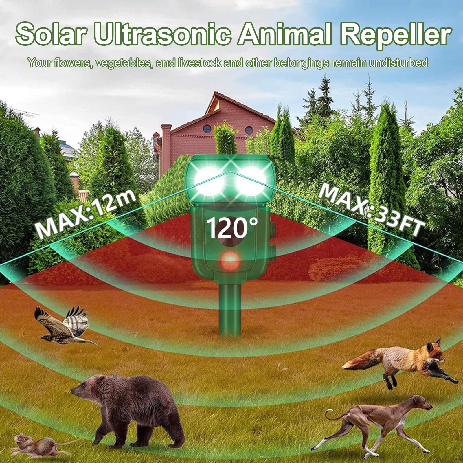 EMS Repelente de Gatos, Repelente ultrasónico de energía Solar IP66 Impermeable de frecuencia Ajustable para alejar a los Animales, 5 Modos Ajustable, Repelente ultrasónico de Animales