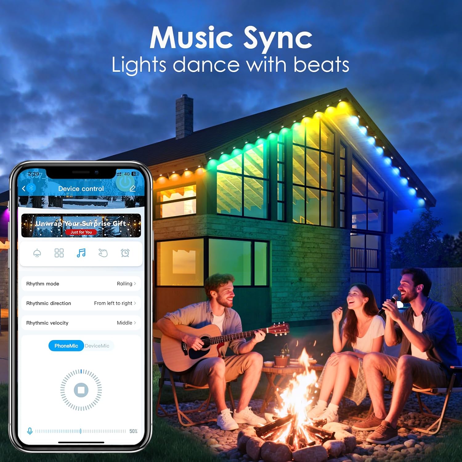 CHARKEE 50FT Permanent Outdoor Lights, Bluetooth Eaves Lights with 36 LEDs, APP/Remote Control, IP65 Waterproof, for Christmas, Party, Garden, Patio, Stairs, Yard Decor.