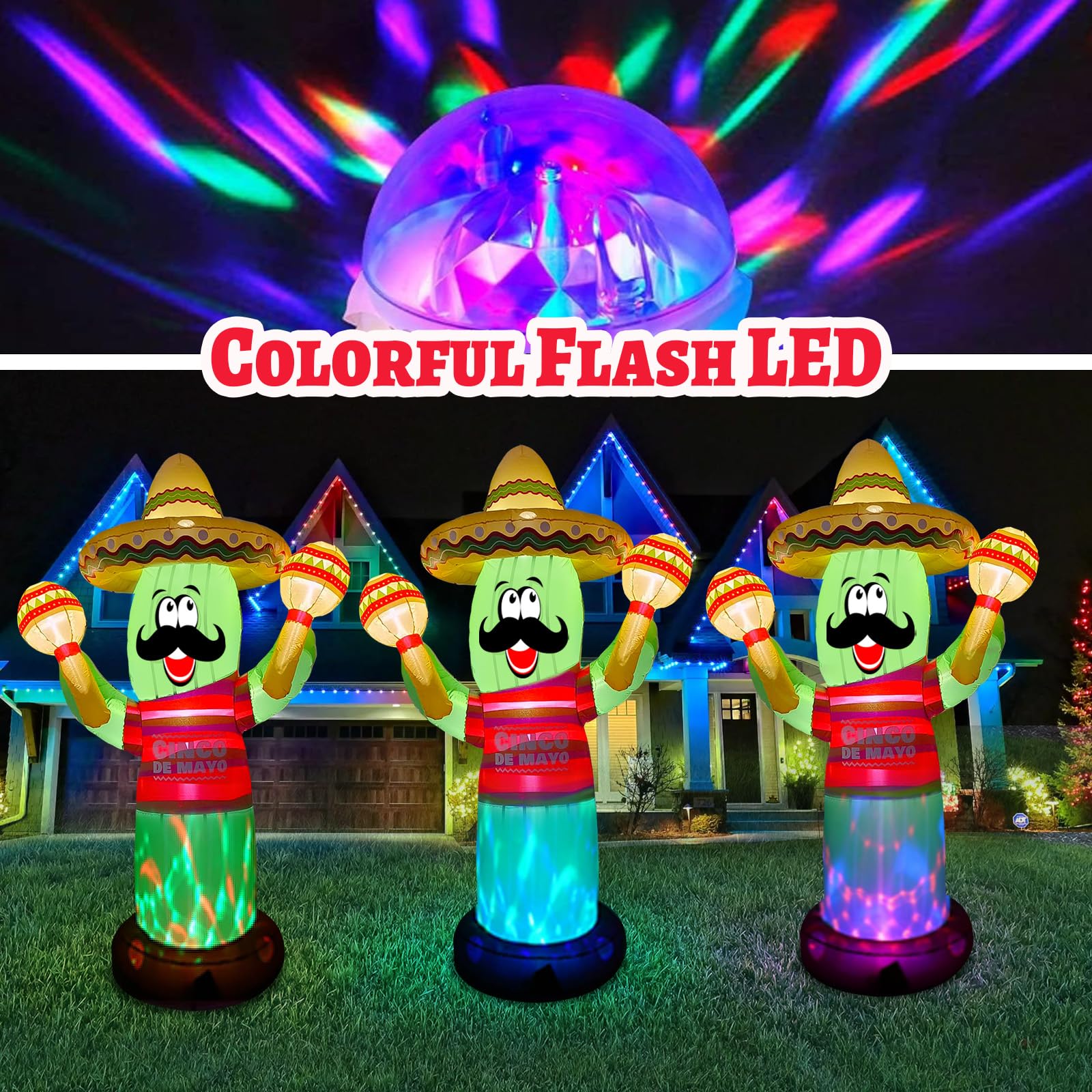 Aufblasbarer Kaktus Cinco De Mayo Cinco De Mayo, mexikanischer aufblasbarer Kaktus mit Taco Sombrero und Maraca, integrierte bunte LED für den 5. Mai für drinnen und draußen, Mexiko, Fiesta,