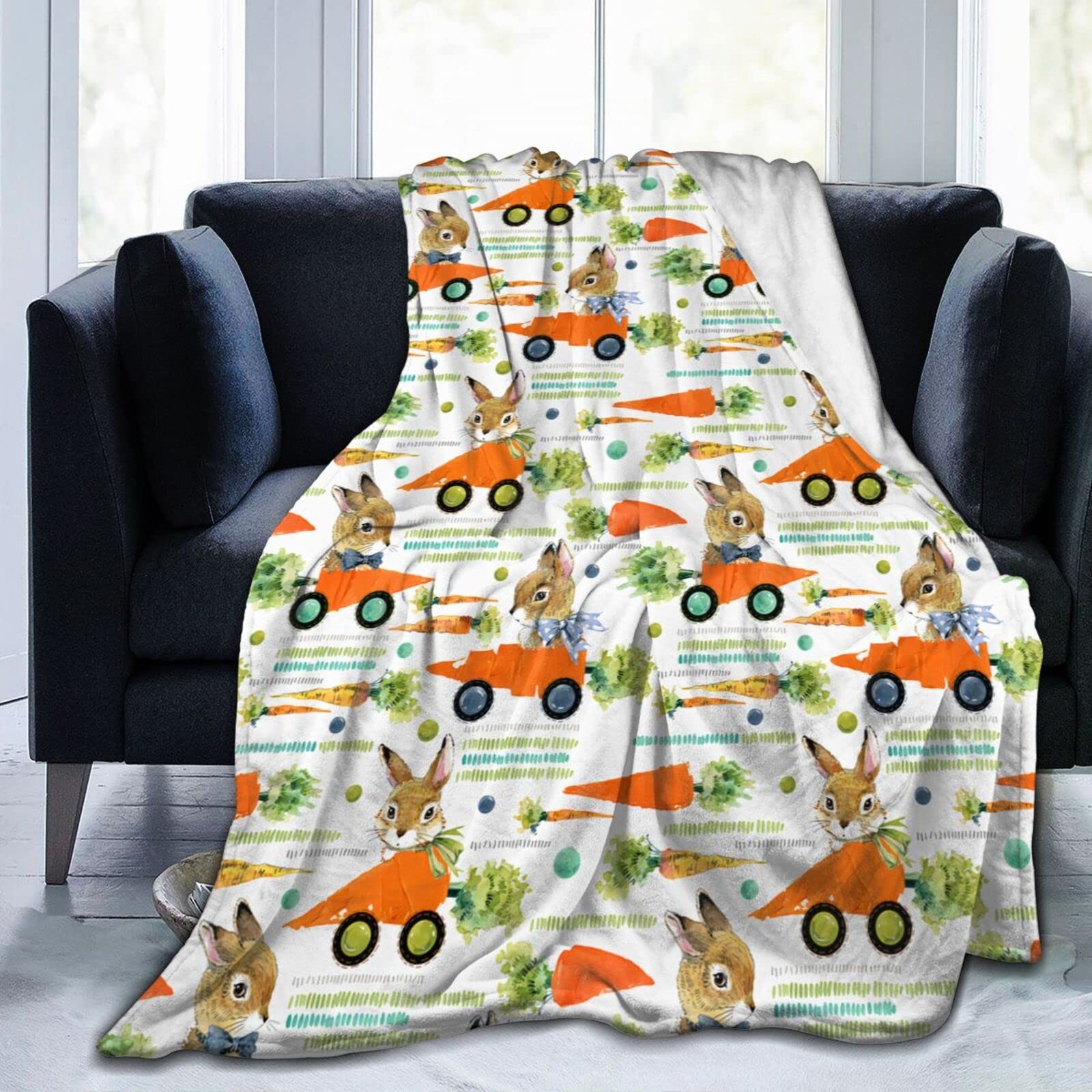Lsjuee Cute Bunny Throw Blanket Warm Cozy Lightweight Blankets Easter Rabbit Flannel Blanket for Sofa Couch Bed Office Holiday Decorative 50"X40"