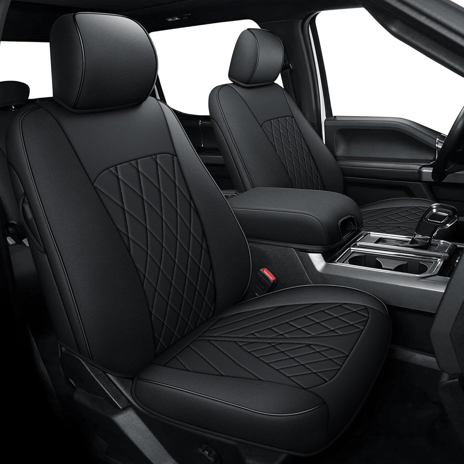 AOMSAZTO Front Seat Covers for Ford F150 XL XLT: 2015-2024 2025 SuperCrew & F250 F350 F450 2017-2024 Super Duty Crew Cab XL XLT, Custom Fit Full Set Faux Leather Black(Black-036)