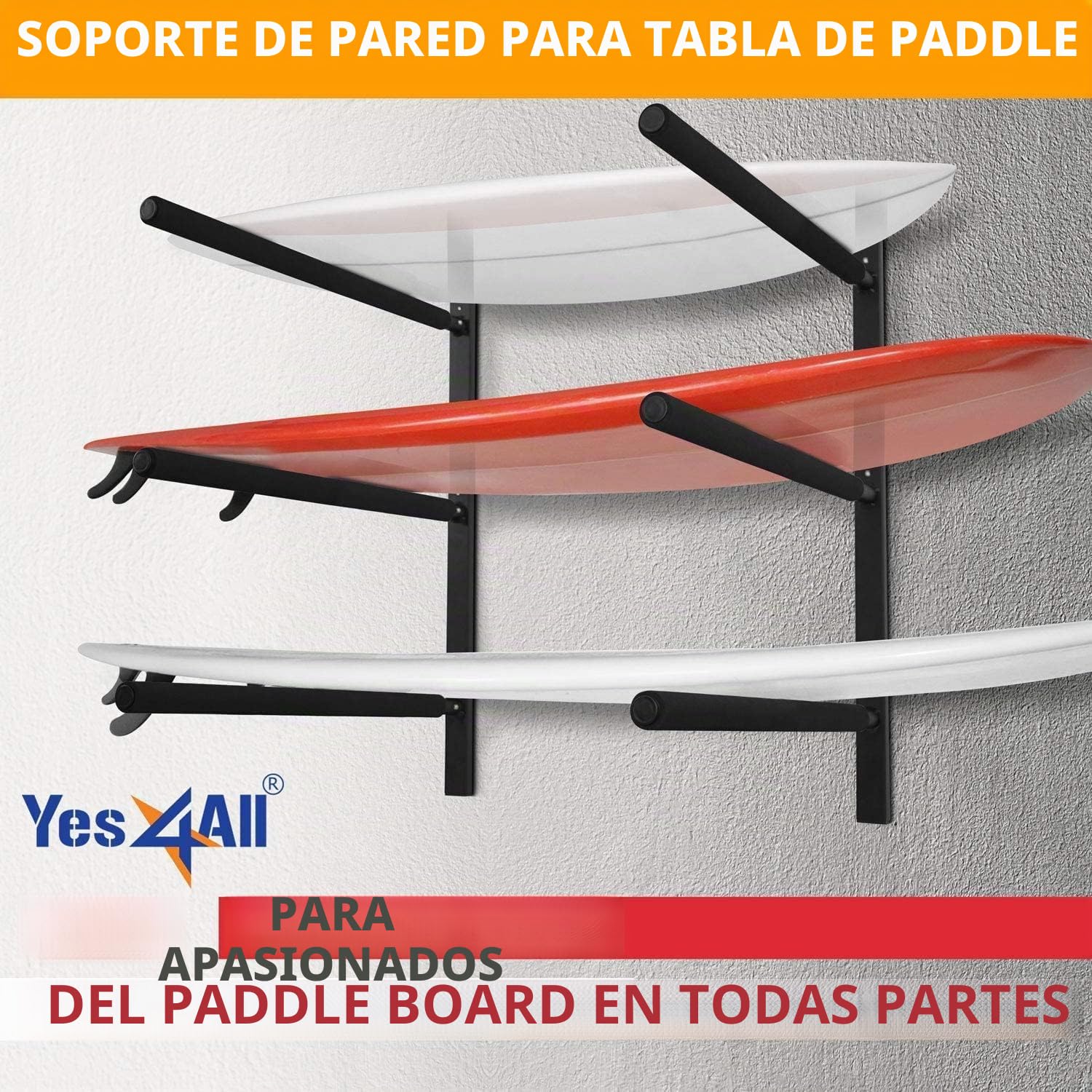 Yes4All Soportes de pared para tablas de paddle, Soportes para tablas de surf con acolchado de espuma, Almacena y exhibe hasta 3 tablas de surf, snowboards, longboards, negro