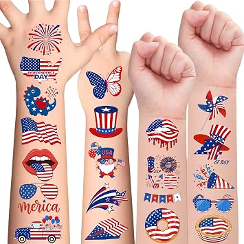105PCS 4th of Temporary Tattoos - USA stickers Fourth of July Party Favors Supplies Decorations Patriotic Accessories Memorial Labor Independence Day Red White Blue American Flag