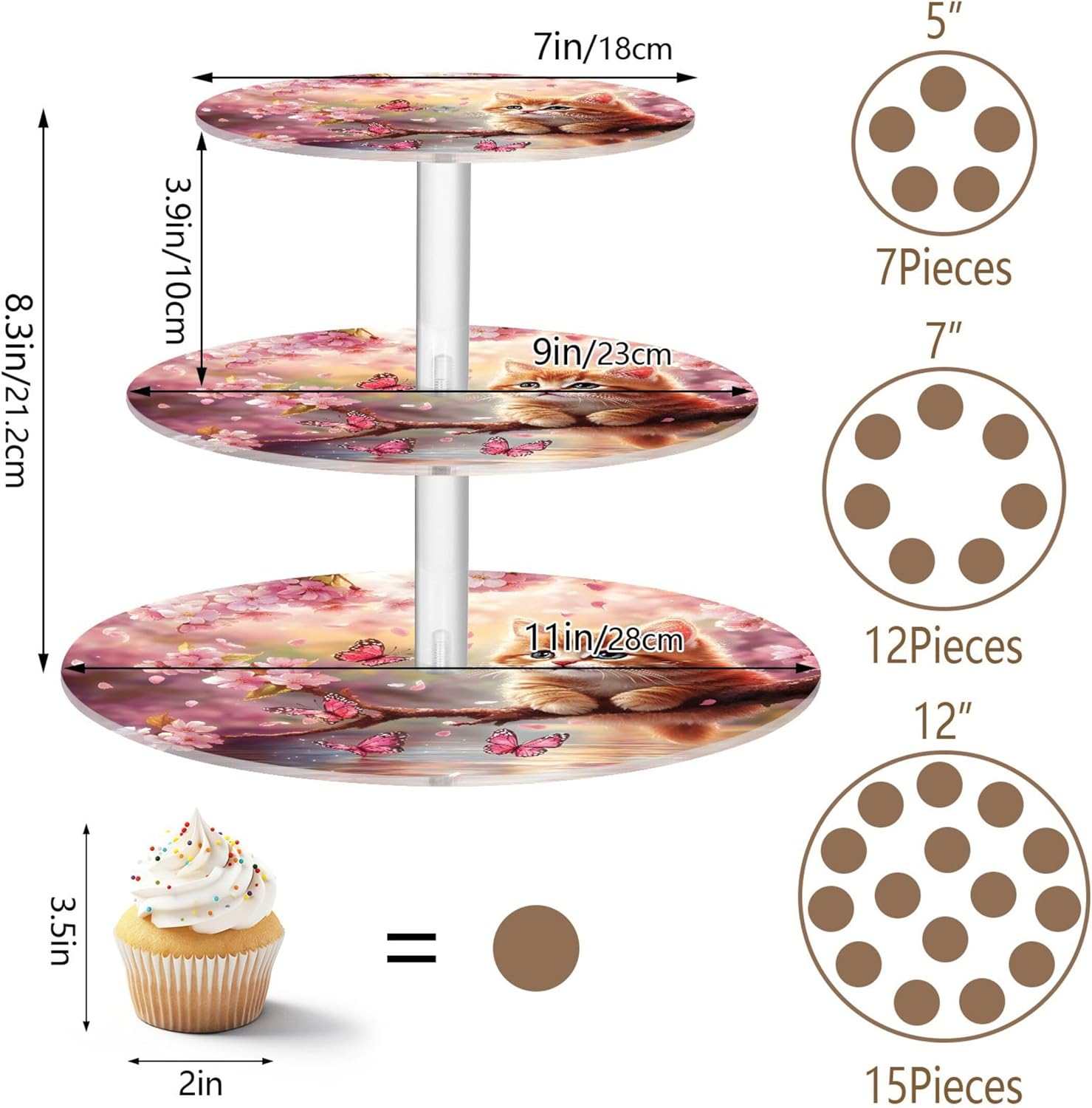 Tea Party Cupcake Stand 3 Tier Round Cute Cat Pink Cherry Bloom Cup Cake Tower Acrylic Display Baby Shower Serving Cake Stands for Party Dessert Tray Treat