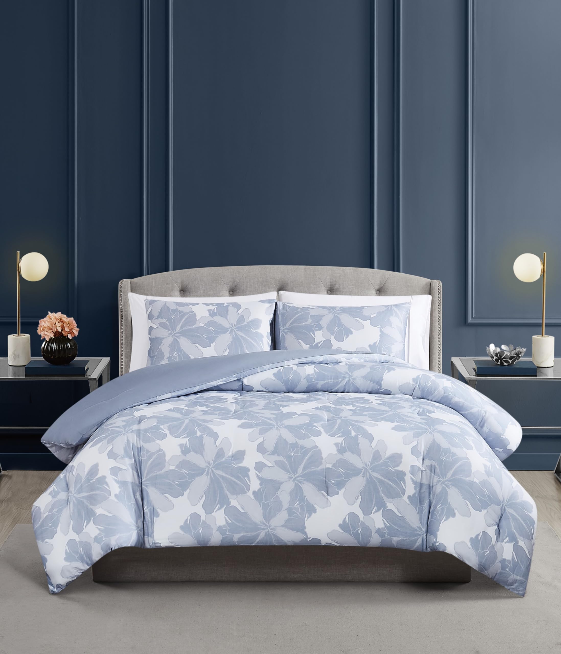 Photo 1 of Vince Camuto Organic Floral 100% Cotton 3 Piece Full/Queen Comforter Set in Blue, All Season, Adult Size, Oeko-TEX Certified