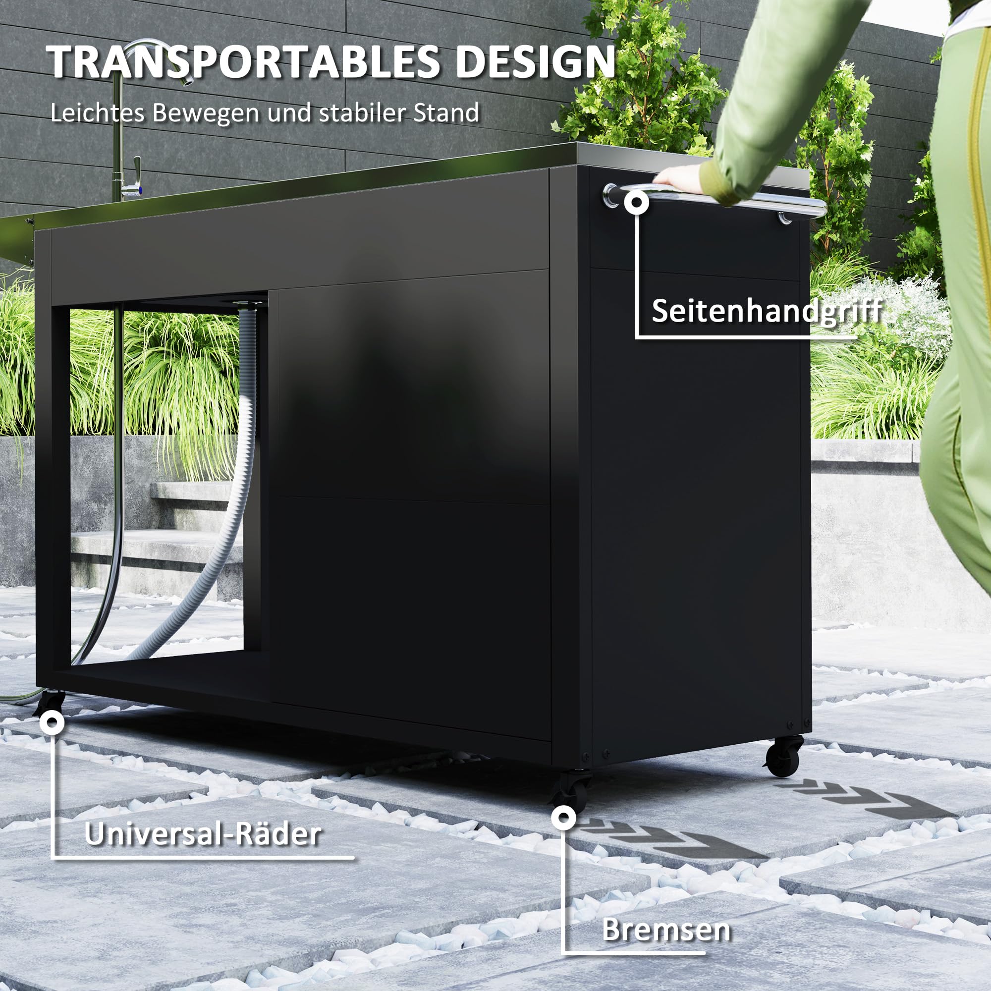 Outsunny Grillwagen Servierwagen mit Arbeitsfläche Seitenblatt Schrank Spüle Räder, BBQ Grilltisch aus Edelstahl, Outdoor Grill Beistelltisch für Garten, Terrasse, Grill 162,5 x 47 x 87cm Schwarz