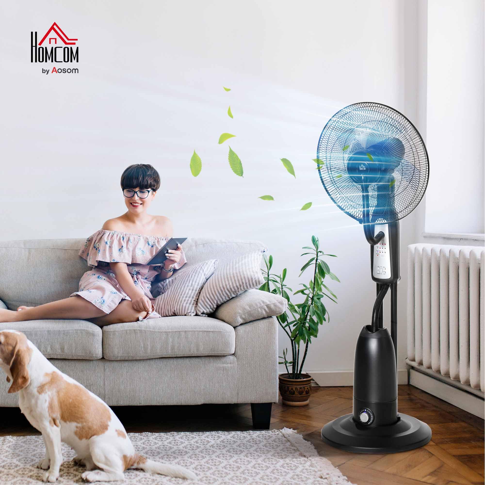 HOMCOM Ventilatore Nebulizzatore e Deumidificatore Oscillante 70° con 3 Modalità, Telecomando e Timer 7.5h, Tanica 2.8L, 90W, Ф44.5cm x 120cm