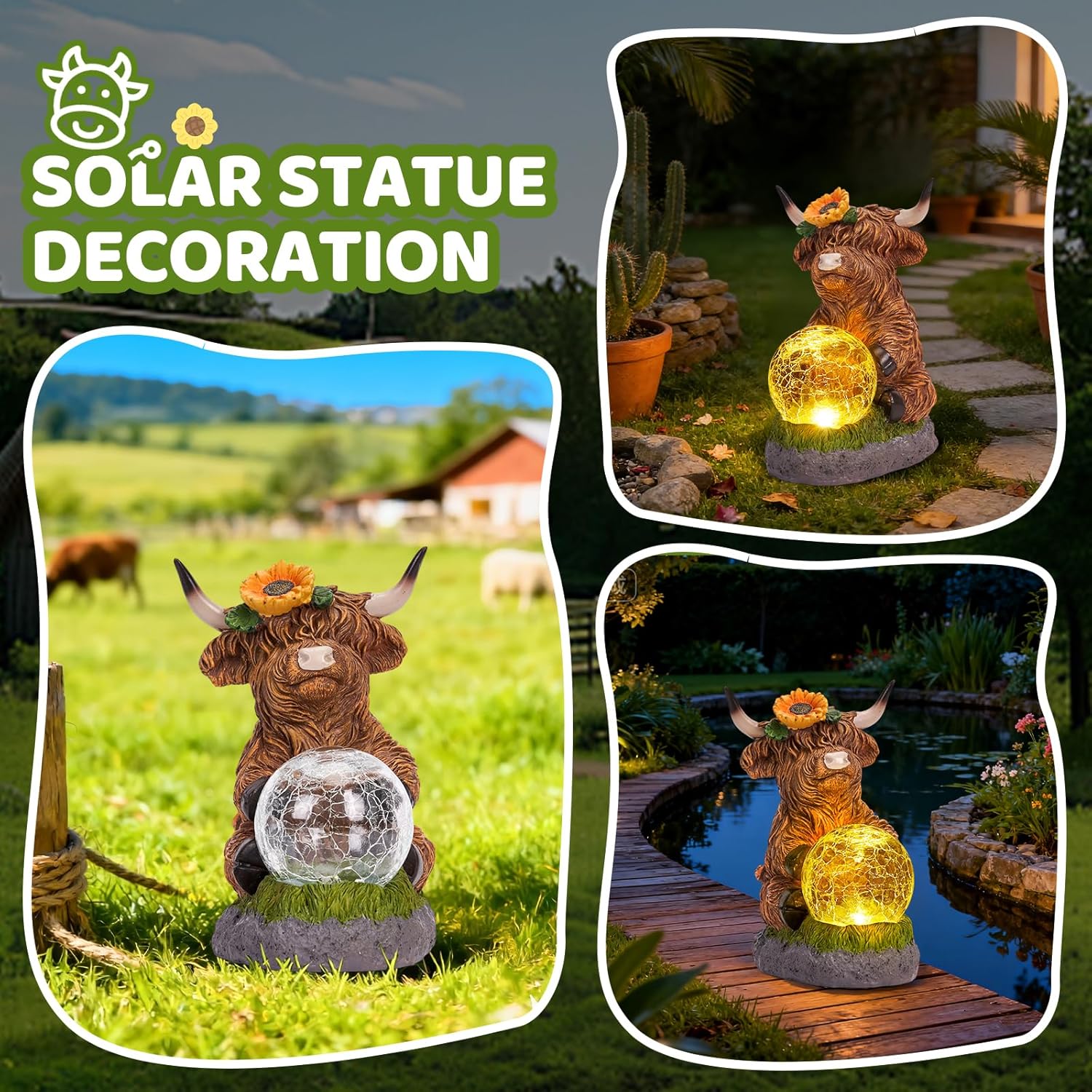 Solar Garden Statues Highland Cow Outdoor Decor Resin, 2026 New Highland Cow Figurine with LED Glass Ball Outside Lawn Yard Patio Balcony Gifts for Mom Women
