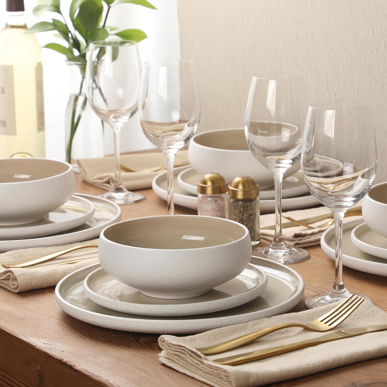 Gibson Elite Pacifco Beach Plates and Bowls Sets, 12-Piece Stoneware Dinnerware Sets, Reactive Glaze Dish Set - Taupe