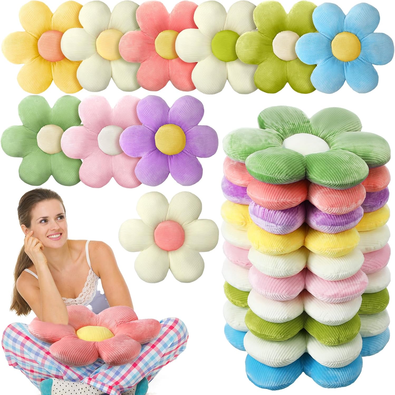 Sratte 10 Pcs Flower Shaped Throw Pillows Cute Daisy Flower Seating Cushions for Adults Reading Leisure Comfortable Home Bedroom Sofa Chair Couch Decor(15.75 Inches)