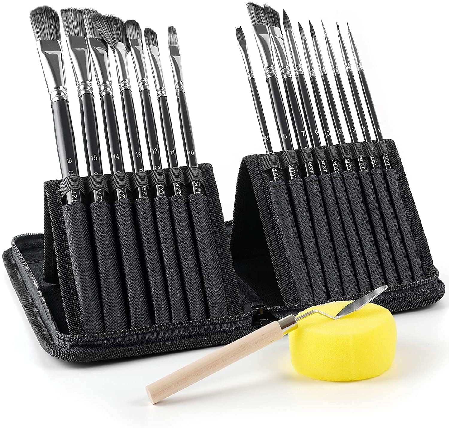 ARROLLIANT 15-Piece Paint Brush Set for Acrylic & Watercolor, Featuring Multiple Shapes, Palette Knife, Sponge, and Wooden Portable Carrying Case