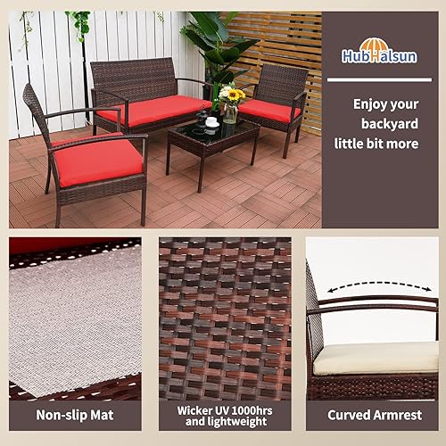 Miniatura 5 de Juego de 4 piezas de mimbre para patio al aire libre, funiture de mimbre de jardín para patio trasero, silla de ratán interior, grupo de asientos