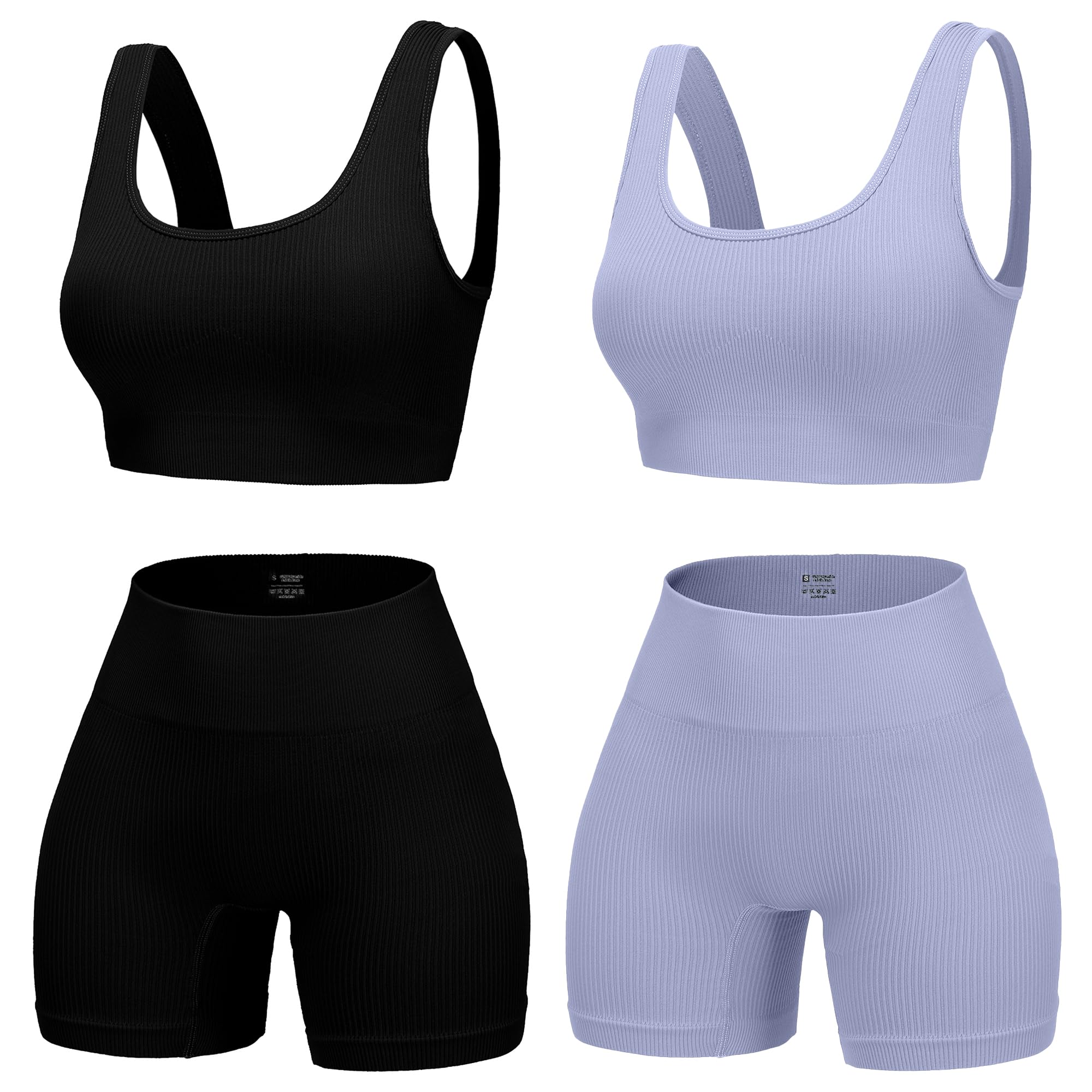YWBIN 4 Piece Workout Sets for Women Seamless Ribbed High Waist Yoga shorts with Sports Bra Outfits