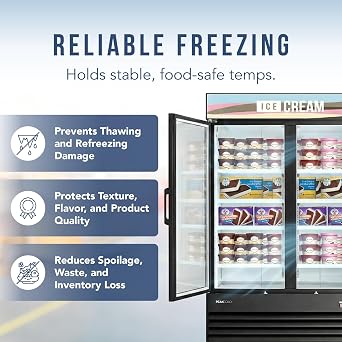 PeakCold Display Freezer, 45 Cu Ft, Glass Door Ice Cream Freezer, 2 Door