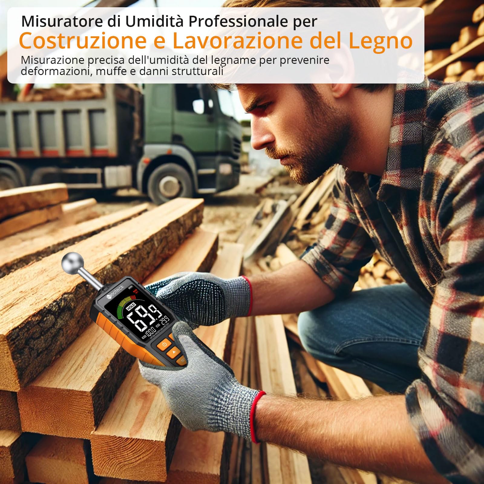 Neoteck Misuratore di Umidità Legno Ricaricabile, 5-40 mm di Profondità di Analisi Misuratore di Umidità Muri con Sonda con Schermo a Colori LCD e Allarme Umidità per Legno Intonaco Cemento Gesso