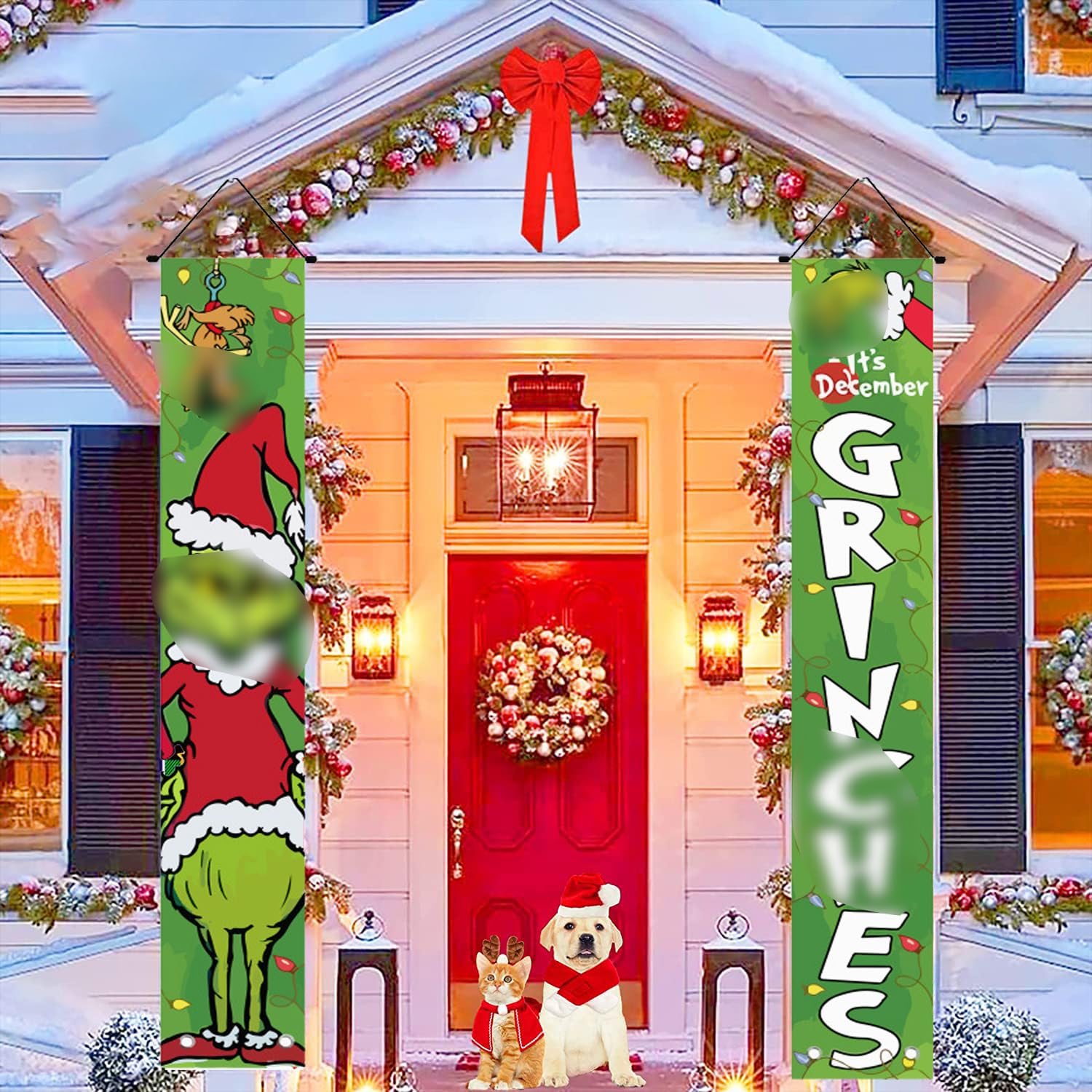 Mouse Christmas Porch Sign Banner 2-Pack - Merry Christmas Hanging Door Decor, 71x12 Inch Oxford Fabric Banners With Rods & Ropes For Front Door, Yard, Holiday Welcome
