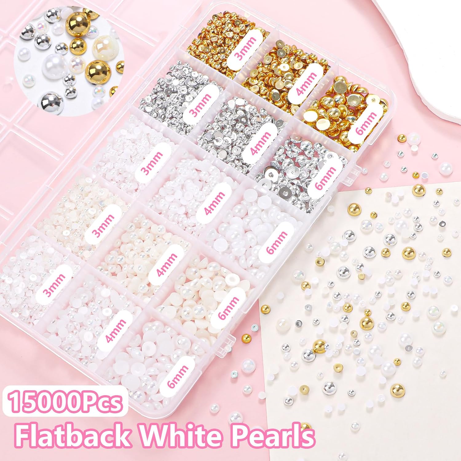 15000 Pcs Silver Gold White Flatback Pearls for Crafting, Gold Half Pearls 3/4/6mm ABS White Beige Pearl Beads Gems for Nails Art DIY Crafts Face Makeup with Pickup Pencil Tweezer - Image 2