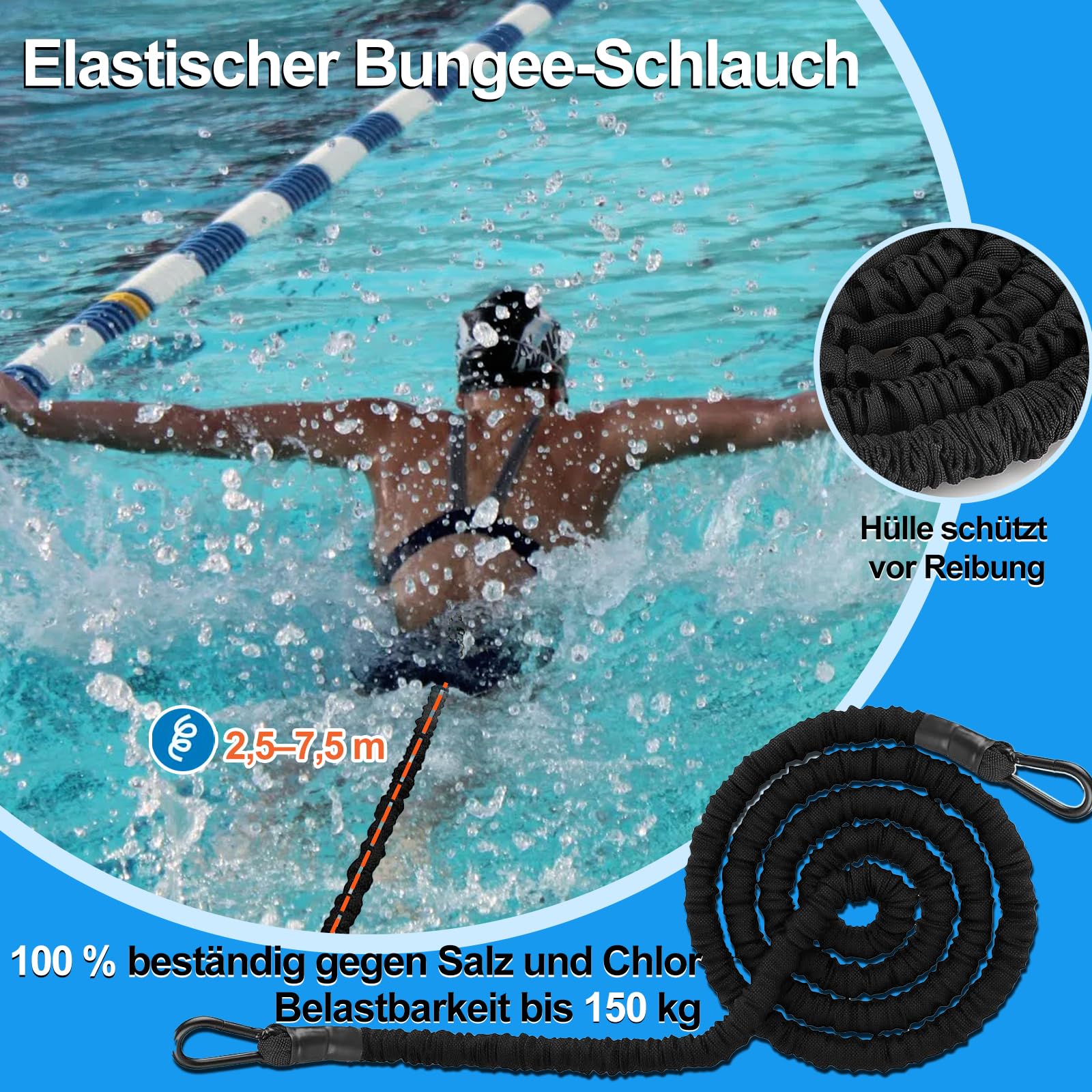 Schwimmgurt Pool für Erwachsene & Kinder, Schwimmhilfe mit 4-7,5 M Elastischen Gummibändern,Schwimmtrainer Gürtel für Jedes Schwimmbad Ohne Gegenstromanlage, Einstellbare Schwimmleine