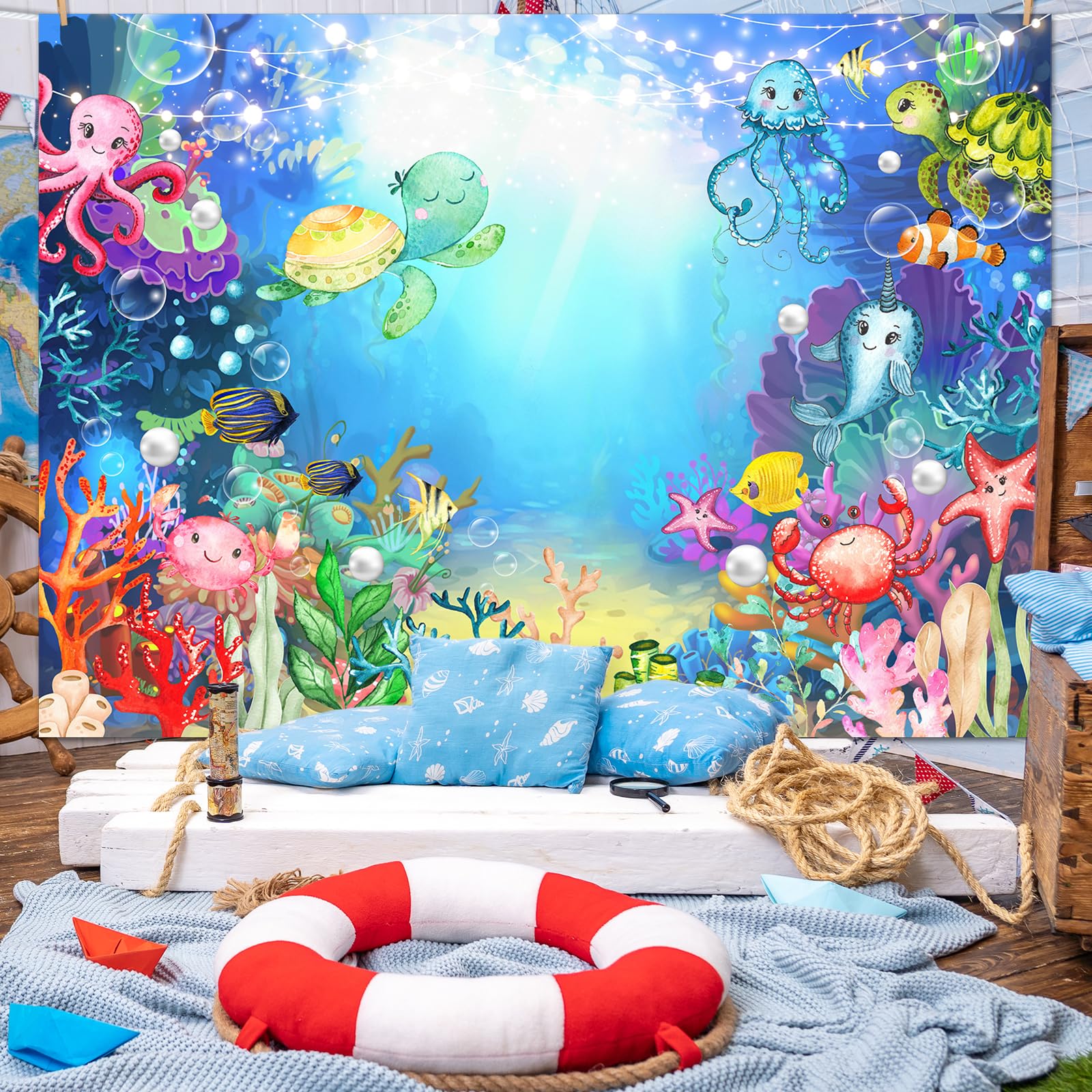 Underwater Sea Happy Birthday Backdrop Ocean Animal Party Decorations Birthday Photography Background Dolphin Whales Jellyfish Underwater Decorations