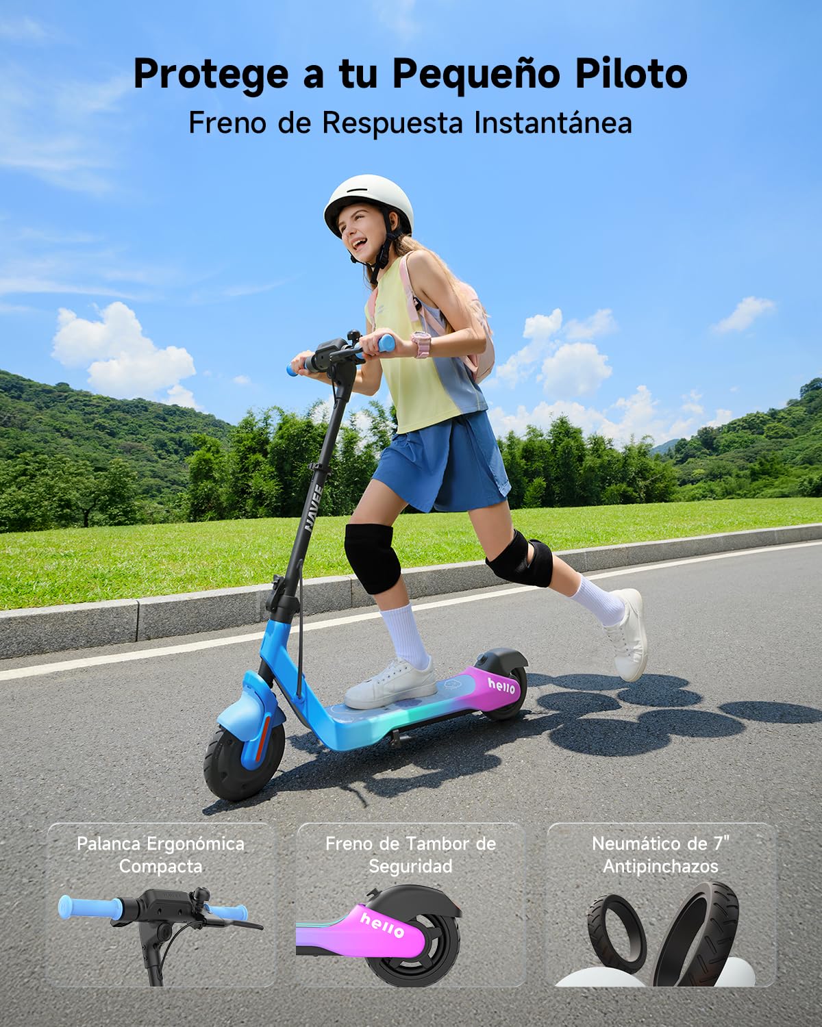 NAVEE K100 Serie Patinete Eléctrico para Niños, Control Parental vía App, Autonomy 14-24km, 3 Modos de Velocidad 16km/h, Luces RGB, Neumáticos Macizos 7", Plegable y Ajustable 6-14 Años