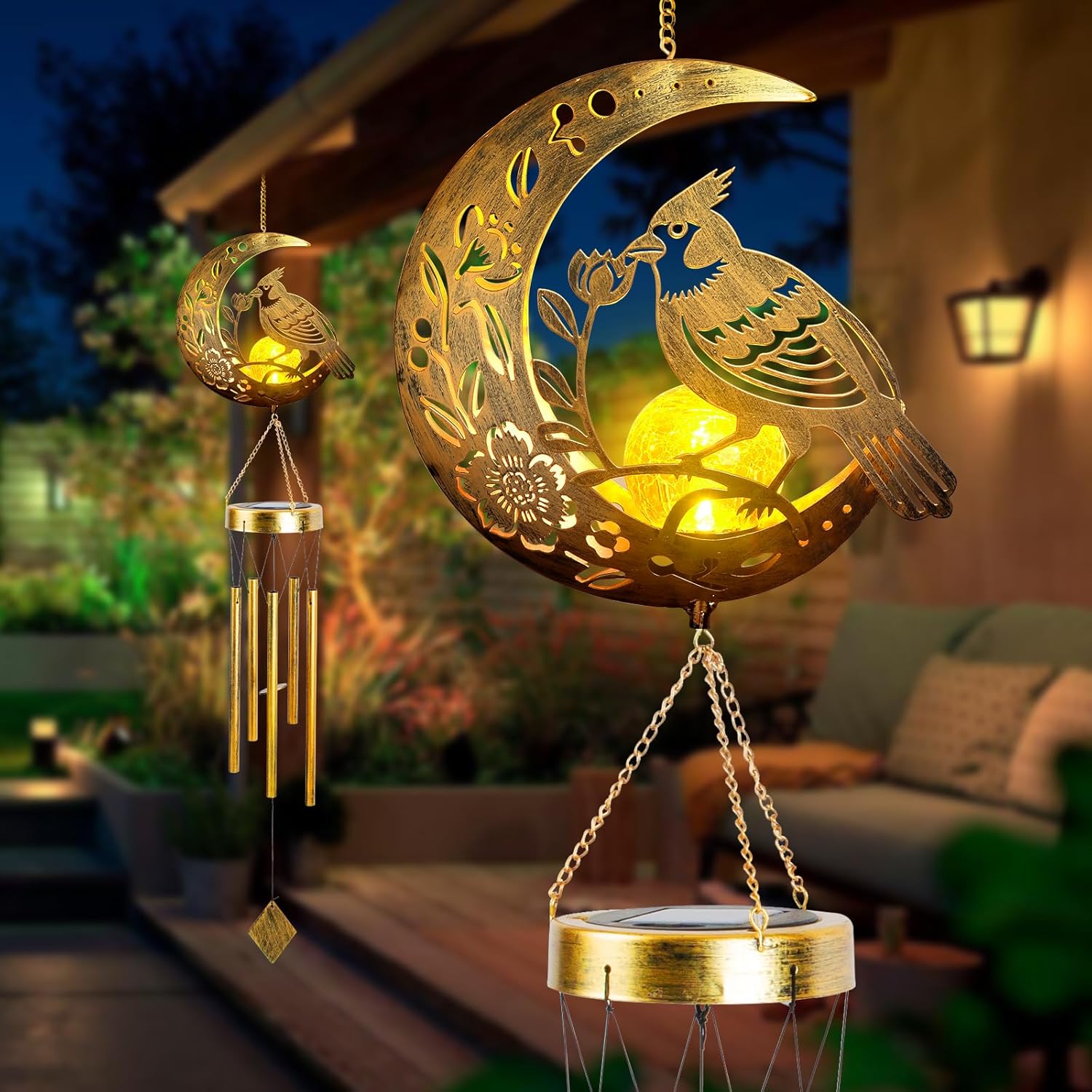 Rosefinch Solar Wind Chime for Outside - Exquisite Vermilion Bird Design, Handmade Aluminum Wind Chimes for Garden/Lawn, Soothing Zen Decor, Gift for Asian-Themed,Housewarming & Meditation Spaces