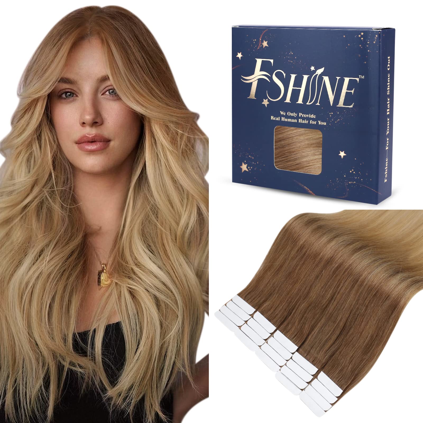 Fshine Adesive Extension Capelli 50g 35CM 20Pcs Extension Capelli Veri Biadesive Balayage Marrone Cioccolato A Biondo Sporco Extension Invisibili Capelli Biadesive Tape Human Hair Extension #10/14