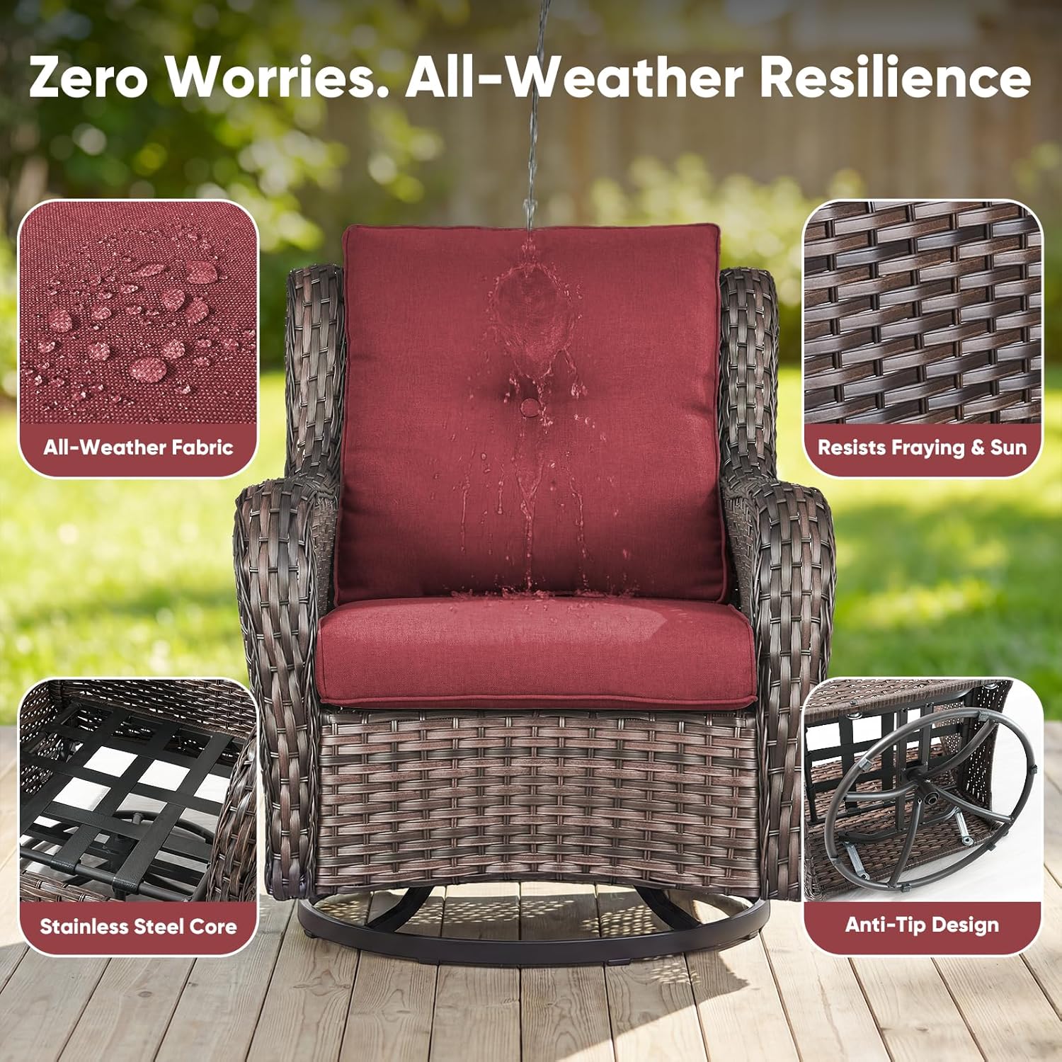 Belord Outdoor Swivel Chairs Set of 2,Patio Wicker Rocker Chairs,All Weather Patio Conversation Furniture Set, Ideal for Porch Balcony Deck Yard, Brown Wicker/Red