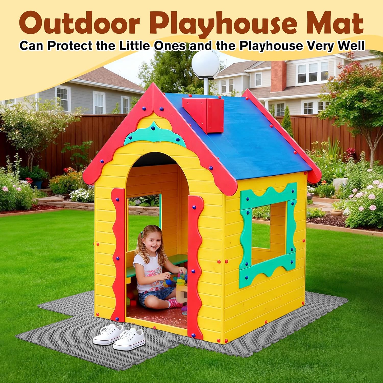 14 PCS Interlocking Outdoor Playhouse Mats 36 X 48 Inches Waterproof Non-Slip Plastic Tiles, Playground Activity Pad for Indoor and Outside Game