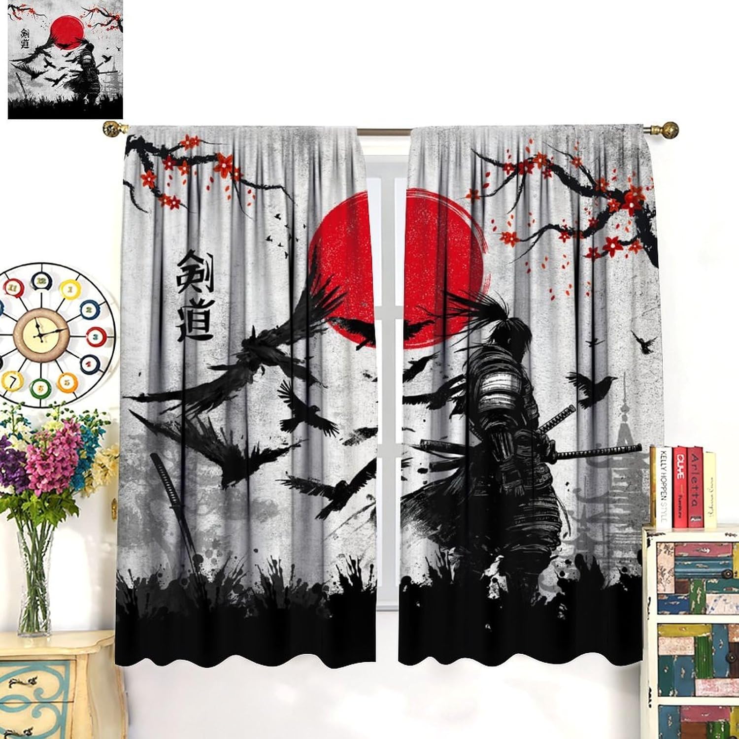 Japanese Samurai Blackout Curtains, Asian Ink Sun Cherry Blossom Crow Bushido Spirit Windows Treatments, Thermal Insulated Rod Pocket Drapes for Boys Teenage Living Room Bedroom 42x45in