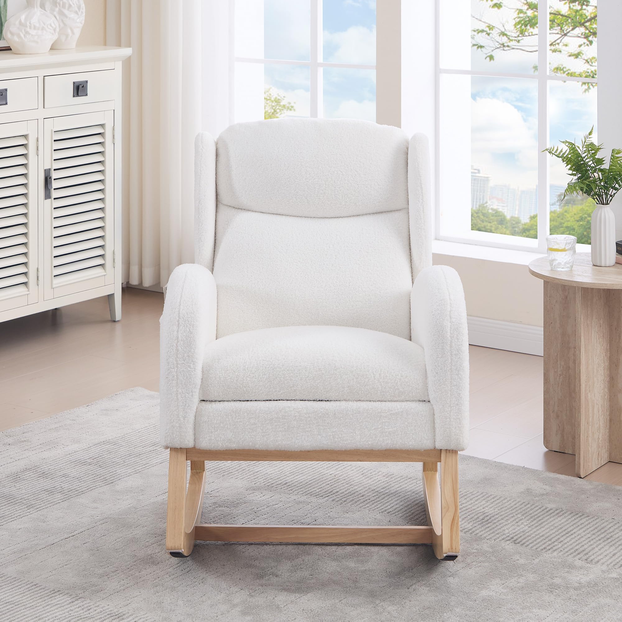 Mecedora, silla de lactancia, sillón de salón con estructura de madera, reposapiés ajustable, respaldo alto, tela de peluche, con bolsillo, cómoda silla acento para dormitorio, salón