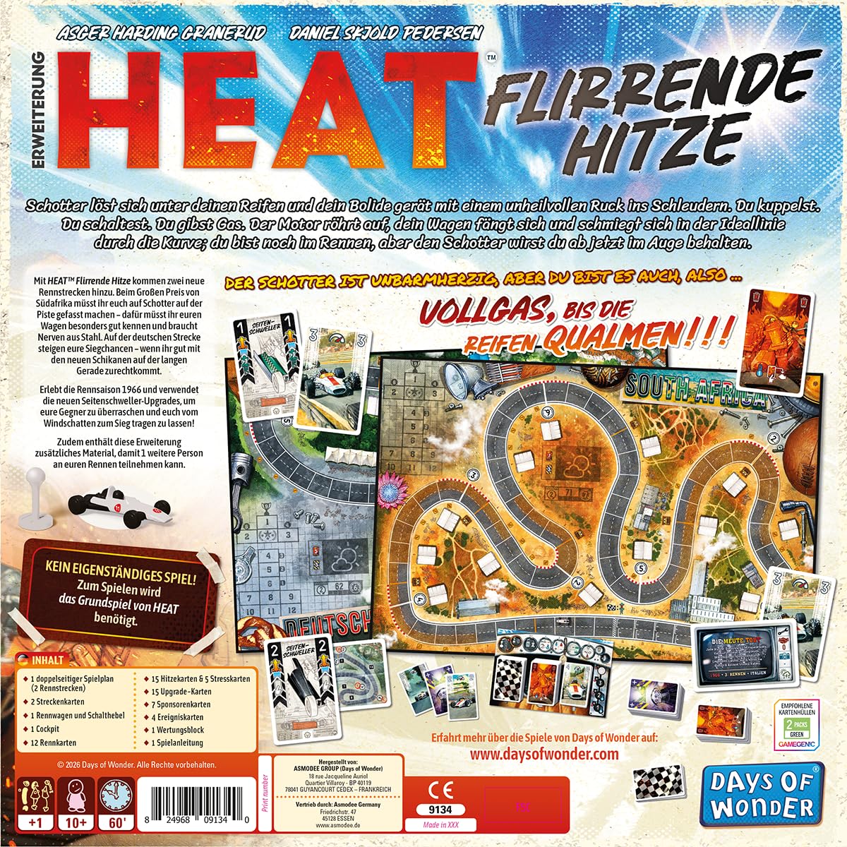 Asmodee, Heat – Flirrende Heat, wersja DE, rozszerzenie gry dla 1 – 7 graczy od 10 lat, pełny gaz do opon Qualmen – gra wyścigowa z 60 minutami gry na grę