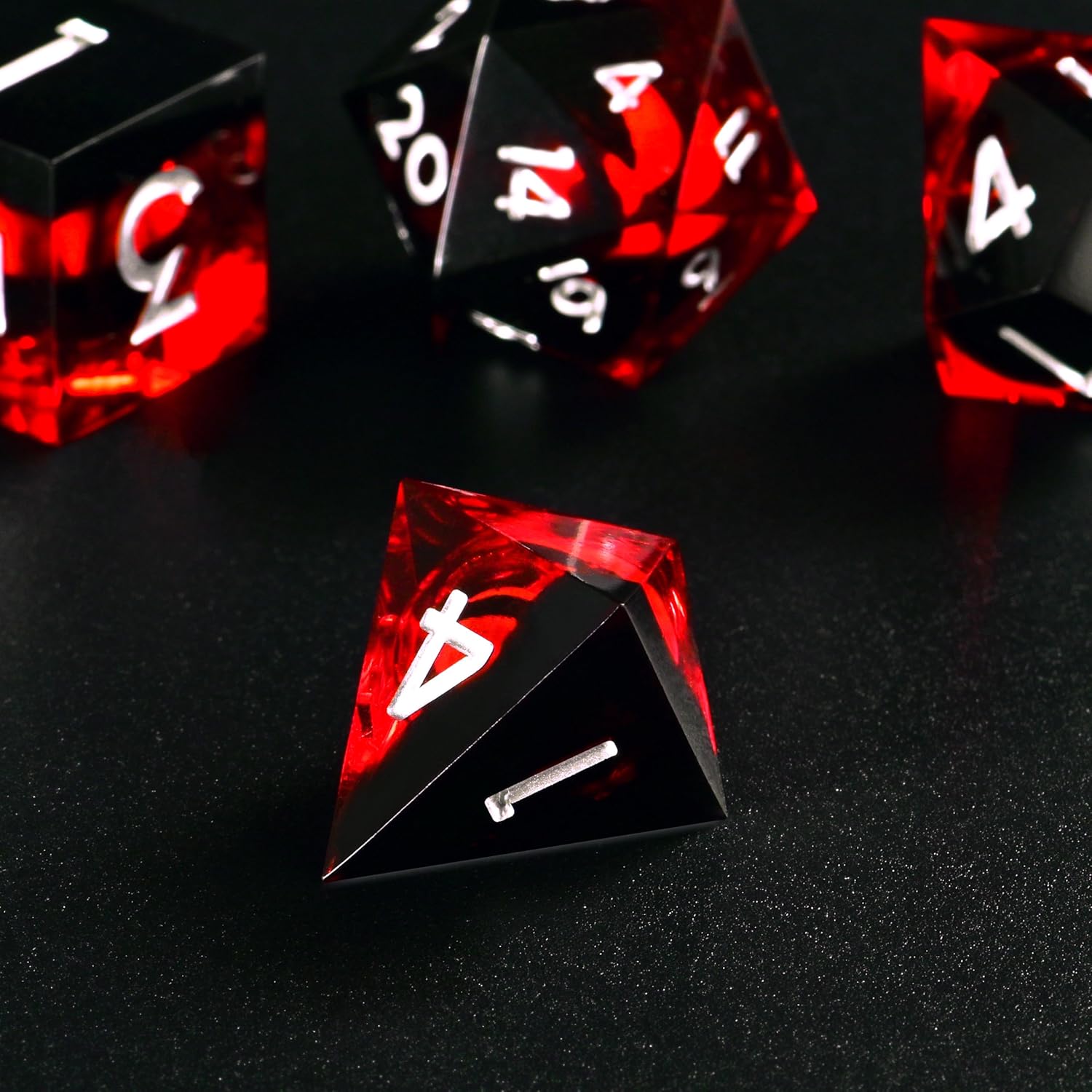 GiGiGuGu DND Dice Set – Dragon Eye Liquid Core Sharp Edge Resin Dice Set 7pcs with Metal Gift Box for Role Playing Games (Blood Obsidian – Red & Black)