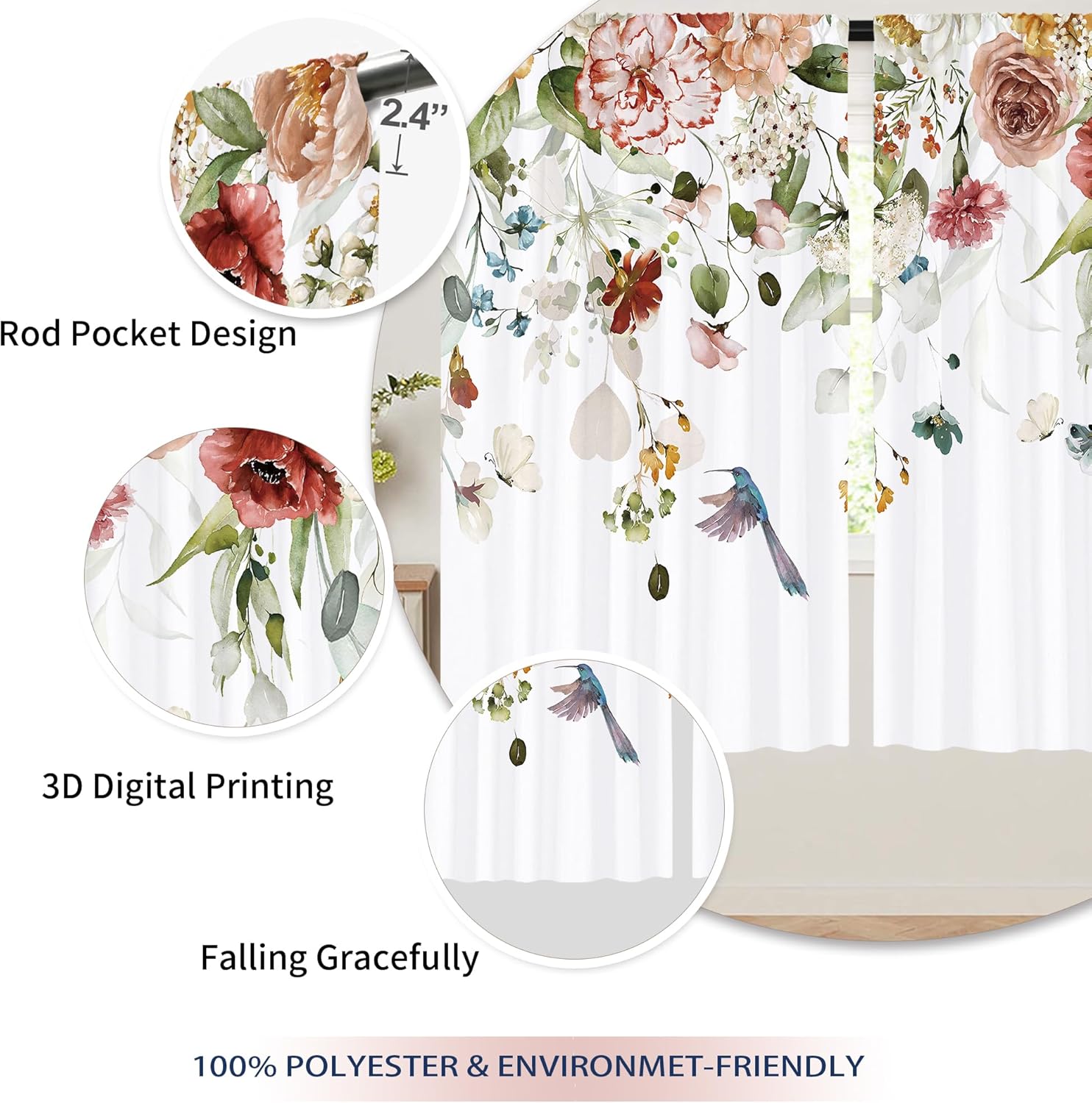Spring Floral Curtains, Rustic Flower Window Curtains 42x63 Inch for Bedroom Living Room Decor, Farmhouse Botanical Plant Colorful Wildflower Window Drapes Treatment Draperies (2 Panels